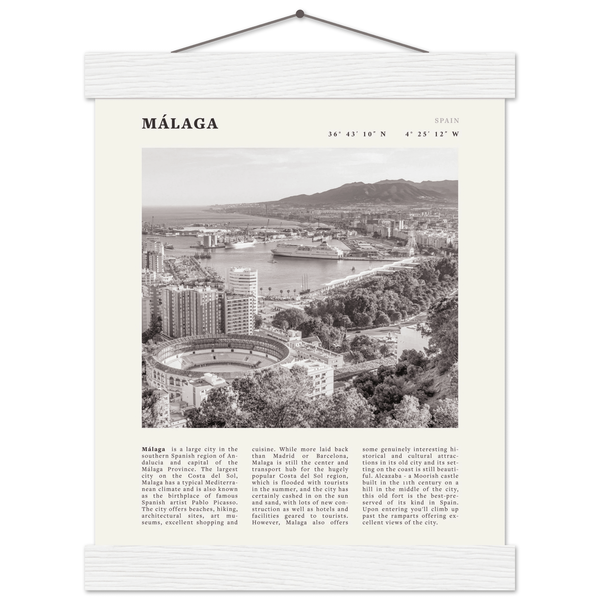 Málaga Poster | Black & White Costa del Sol Wall Art | Spain Travel Print - Evergreen Posters