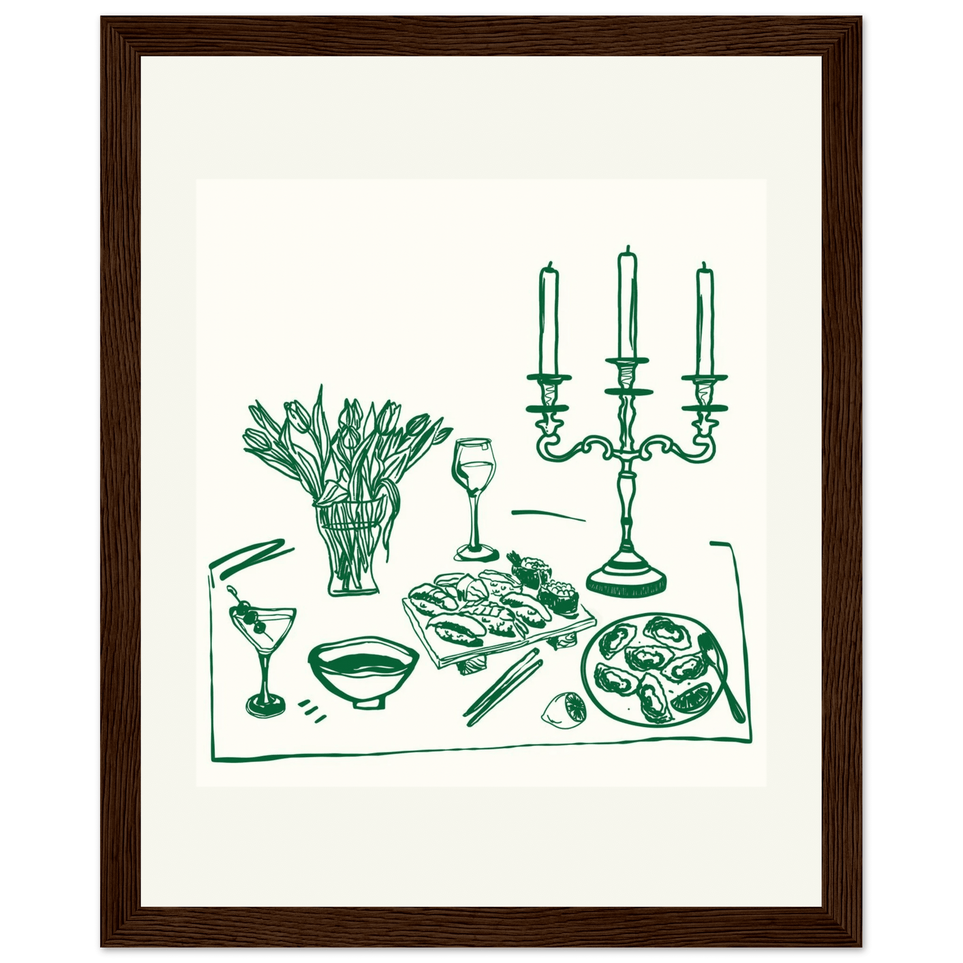 Fine Dining Table Print | Green Line Art Kitchen Wall Art | Elegant Dining Room Poster - Evergreen Posters