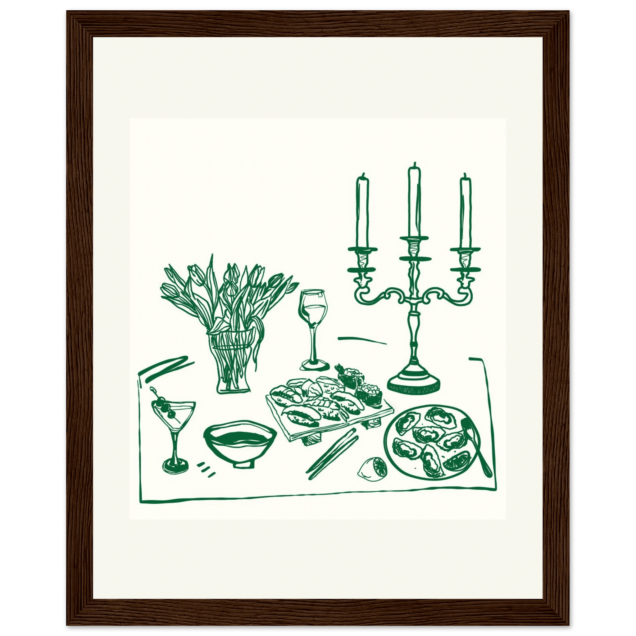 Fine Dining Table Print | Green Line Art Kitchen Wall Art | Elegant Dining Room Poster - Evergreen Posters