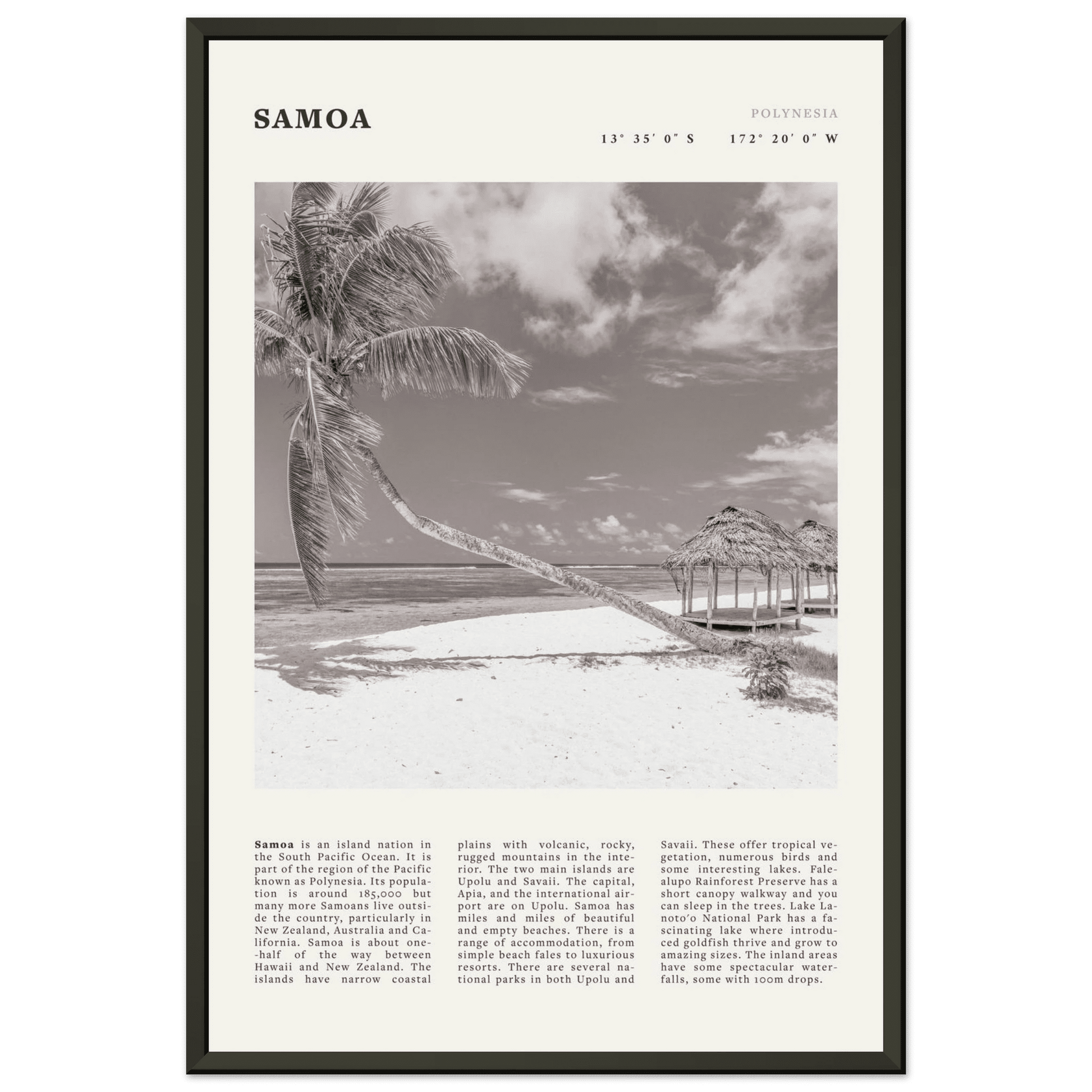 Samoa Poster | Black & White South Pacific Beach Wall Art | Polynesia Travel Print - Evergreen Posters