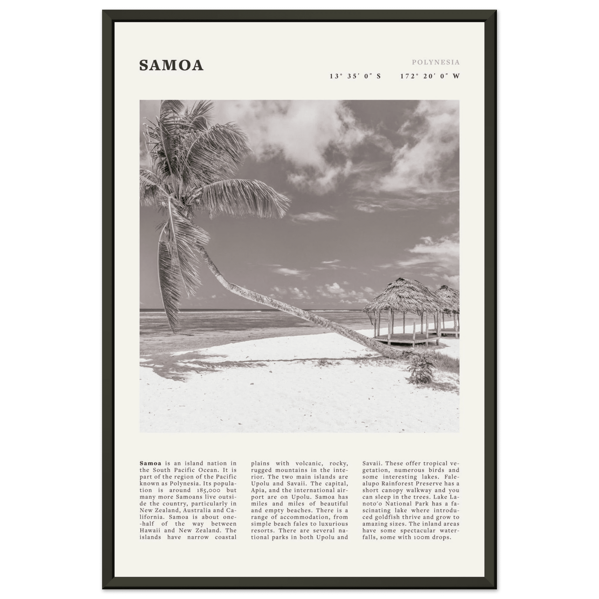 Samoa Poster | Black & White South Pacific Beach Wall Art | Polynesia Travel Print - Evergreen Posters