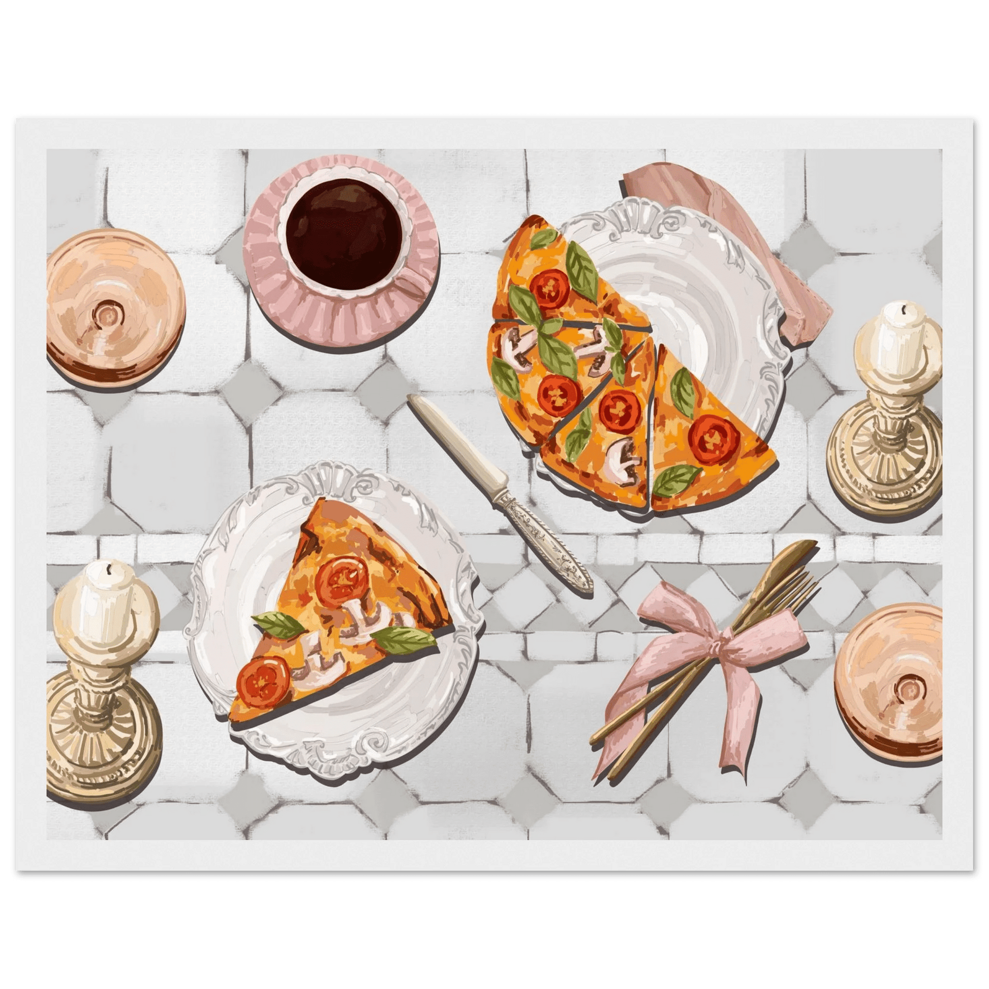 Pizza & Tea Kitchen Poster | Horizontal Food Wall Art | Italian Dining Room Print - Evergreen Posters