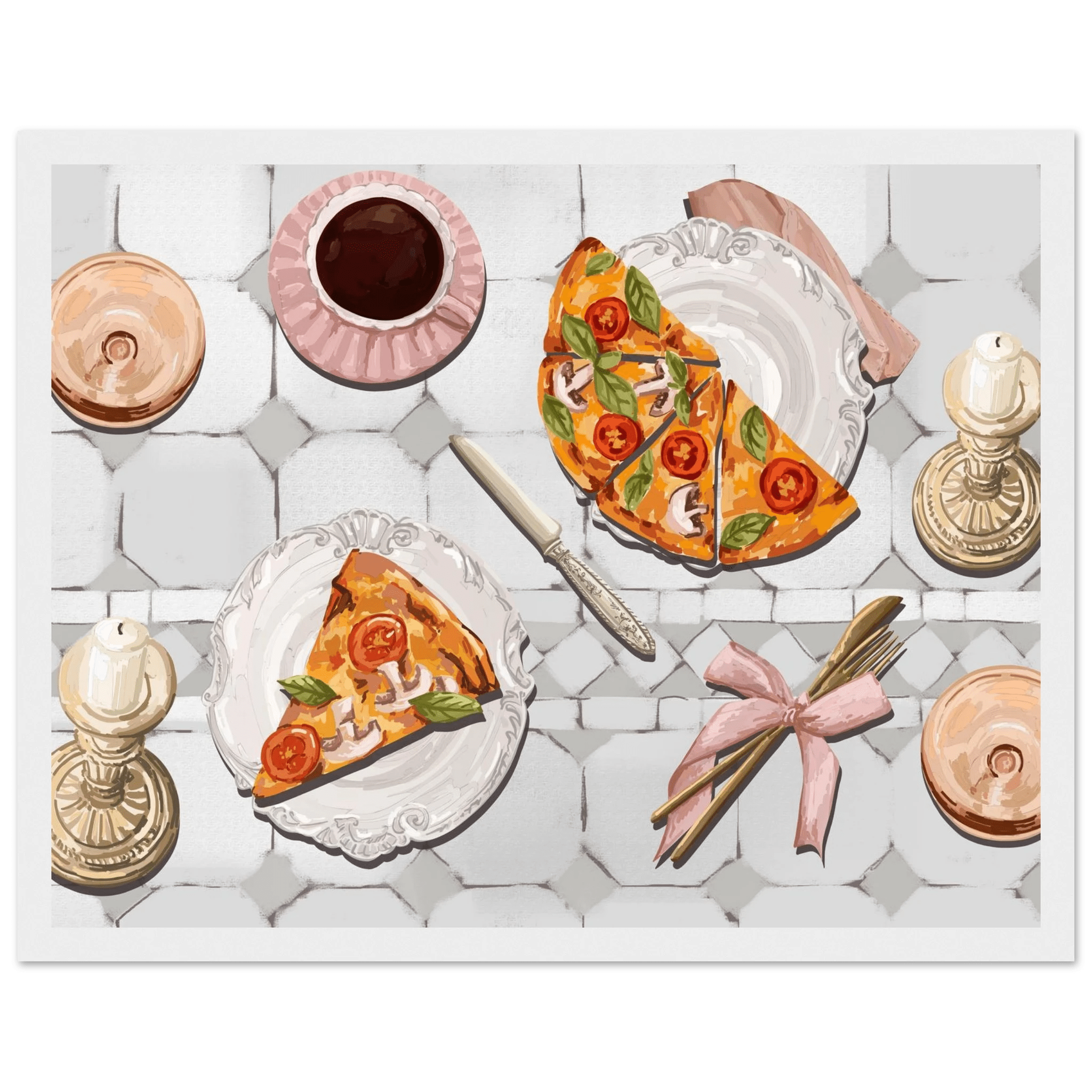 Pizza & Tea Kitchen Poster | Horizontal Food Wall Art | Italian Dining Room Print - Evergreen Posters
