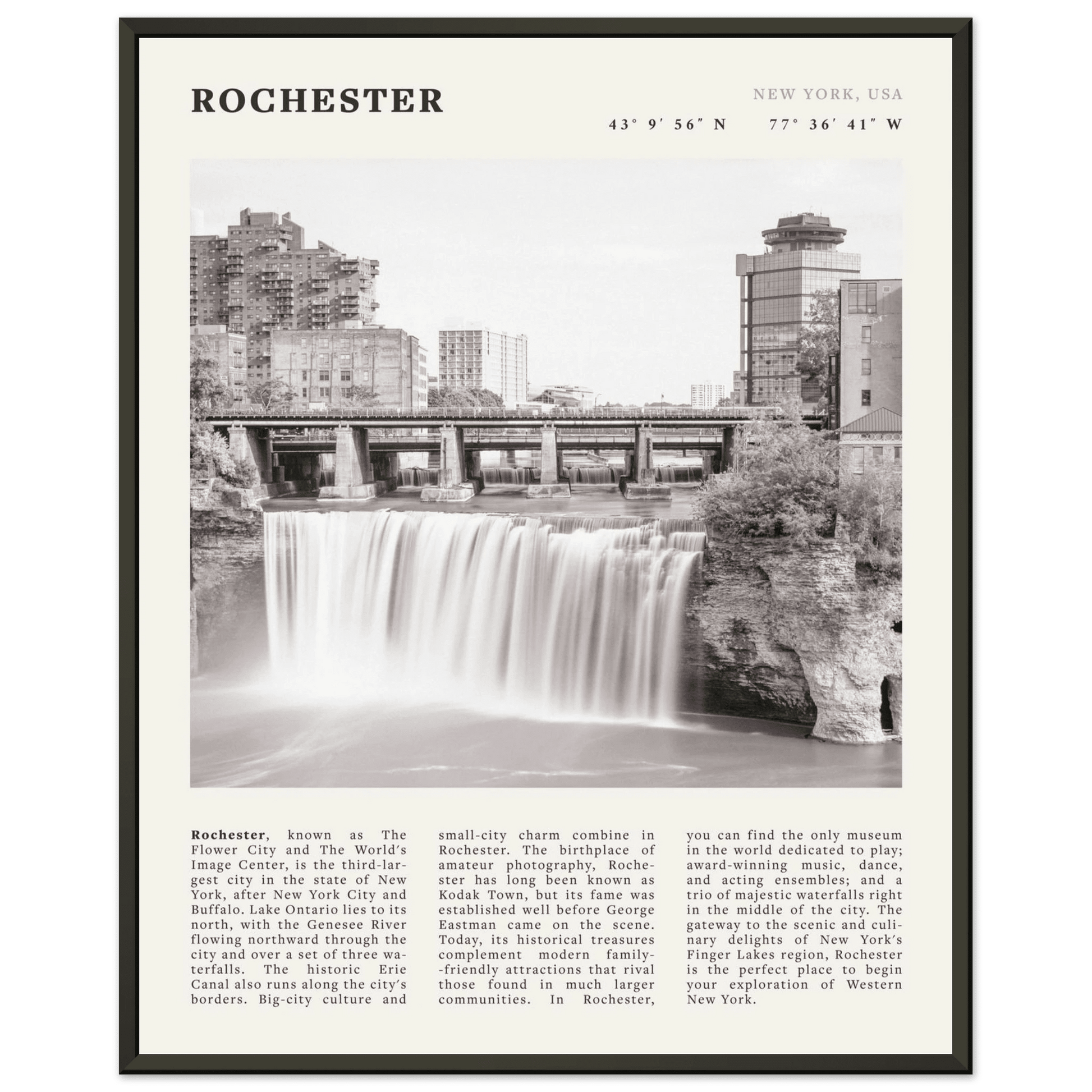 Rochester Poster | Black & White High Falls Wall Art | New York Travel Print - Evergreen Posters