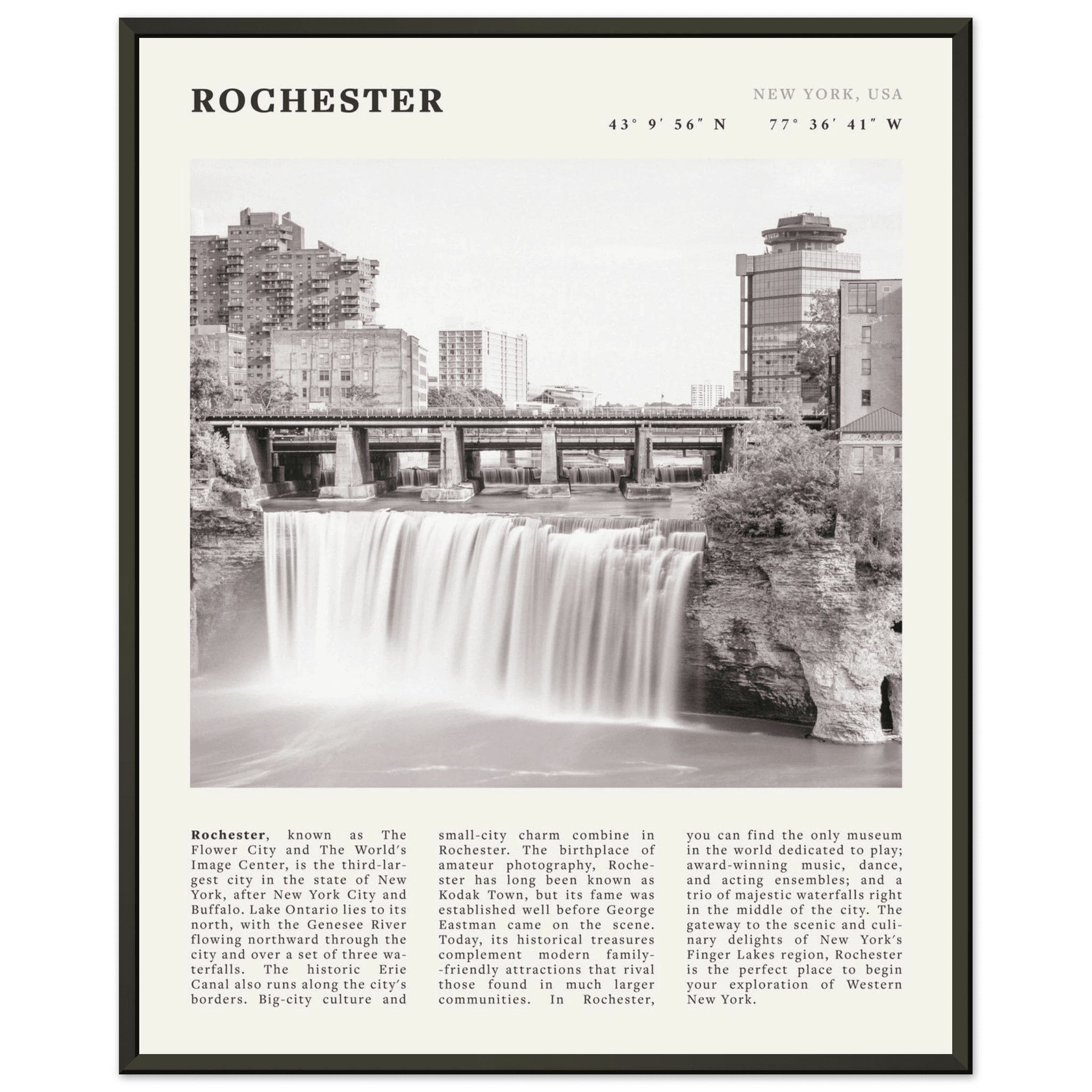 Rochester Poster | Black & White High Falls Wall Art | New York Travel Print - Evergreen Posters