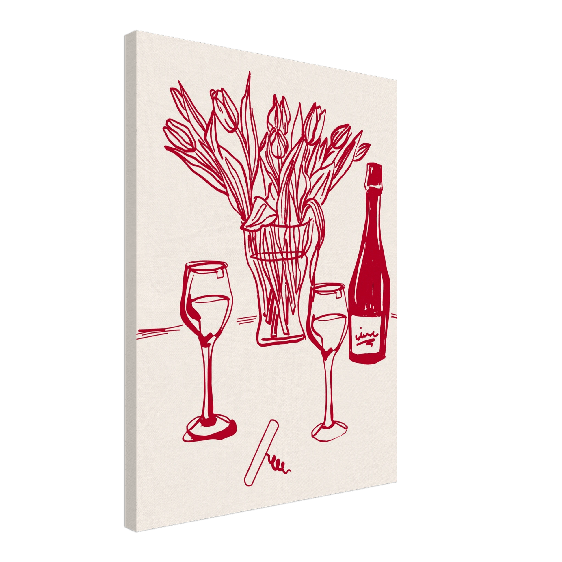 Red Wine & Tulips Print | Line Art Wine Bottle Wall Art | Kitchen Poster - Evergreen Posters