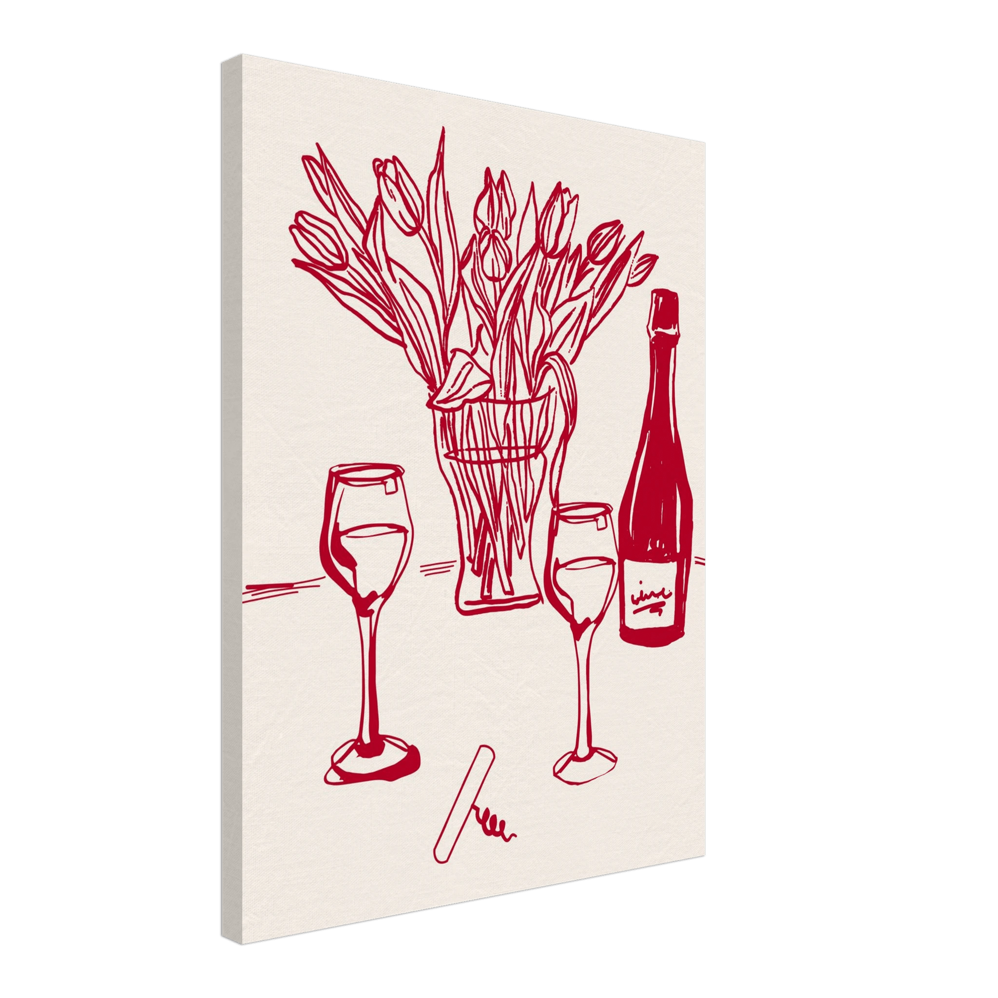 Red Wine & Tulips Print | Line Art Wine Bottle Wall Art | Kitchen Poster - Evergreen Posters