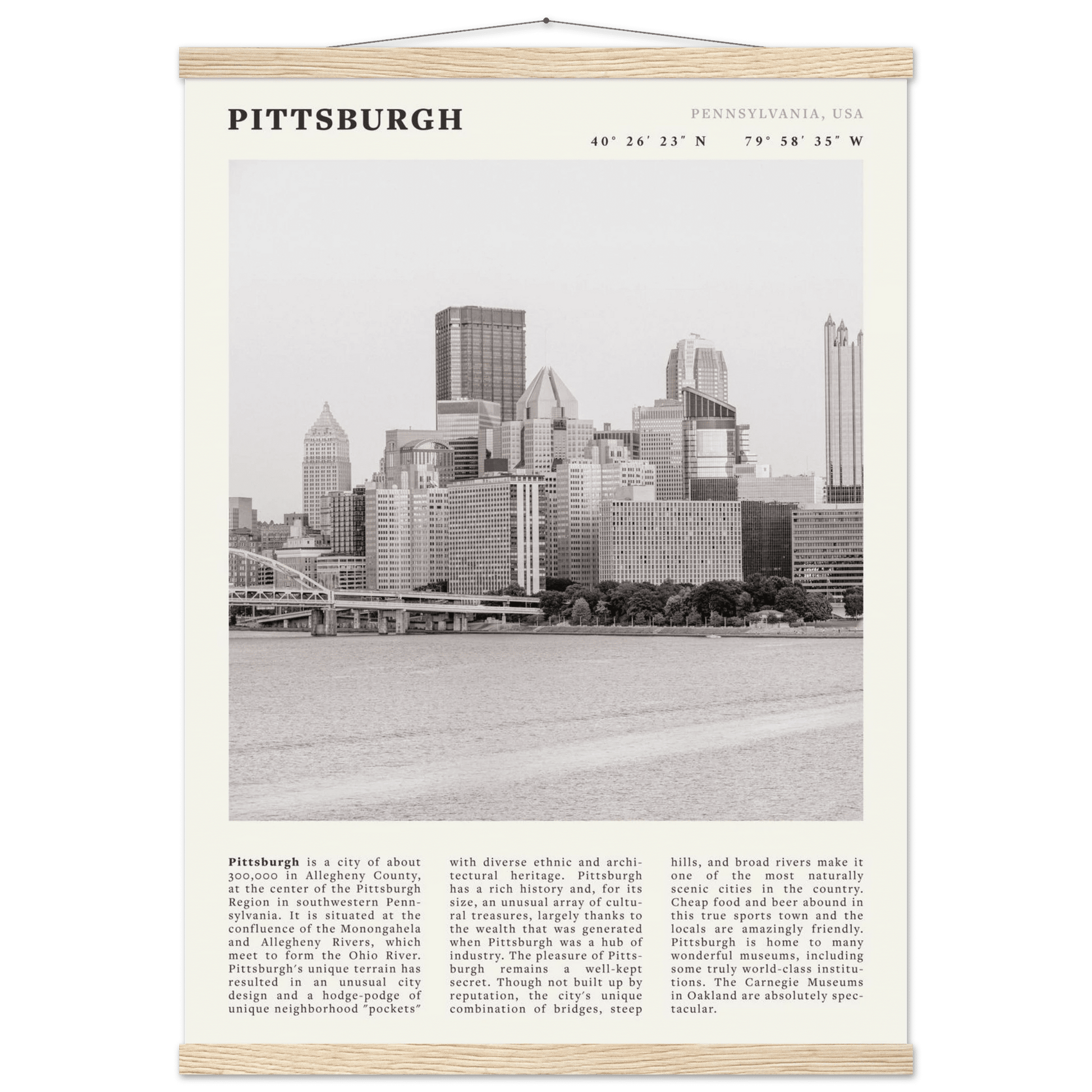 Pittsburgh Poster | Black & White Pennsylvania Skyline Wall Art | PA Travel Print - Evergreen Posters
