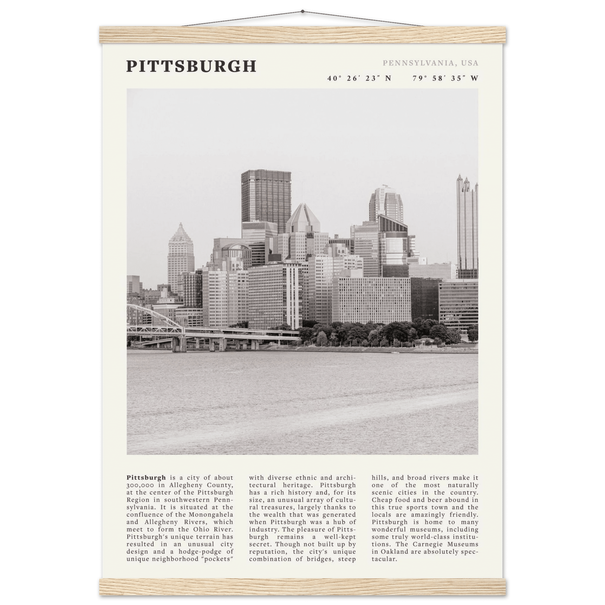 Pittsburgh Poster | Black & White Pennsylvania Skyline Wall Art | PA Travel Print - Evergreen Posters