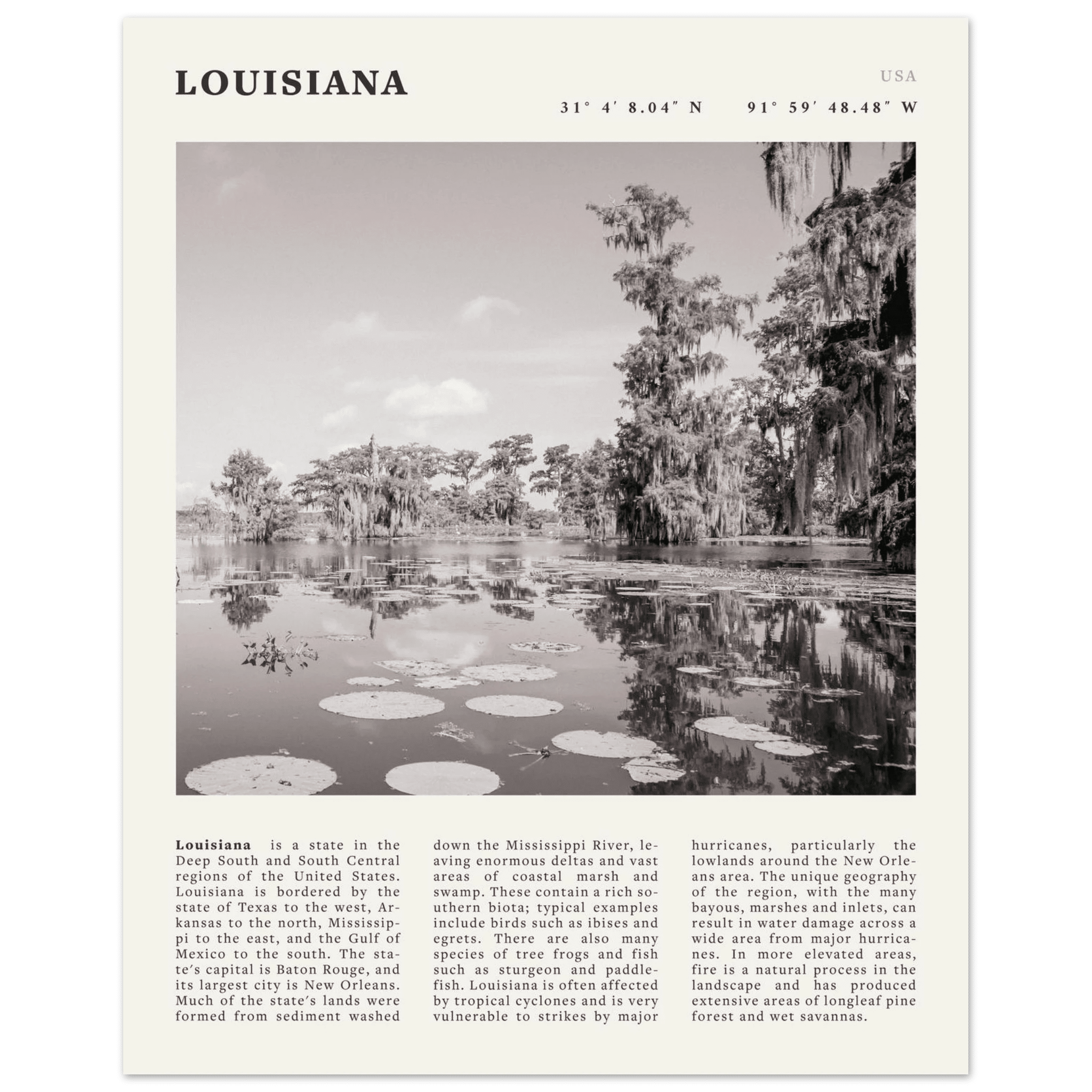 Louisiana Poster | Black & White Bayou Wall Art | Southern USA Travel Print Decor - Evergreen Posters