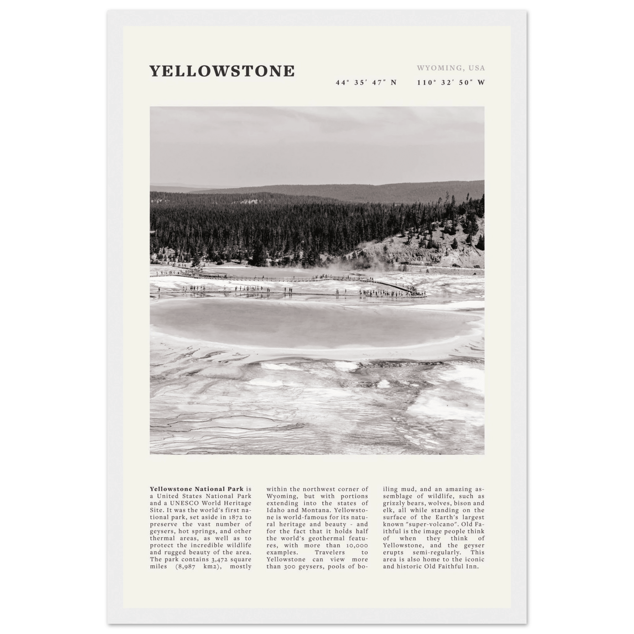 Yellowstone Poster | Black & White Grand Prismatic Spring Wall Art | WY Print - Evergreen Posters