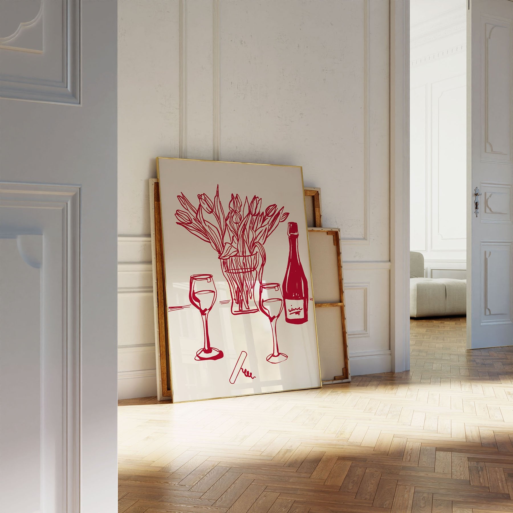 Red Wine & Tulips Print | Line Art Wine Bottle Wall Art | Kitchen Poster - Evergreen Posters
