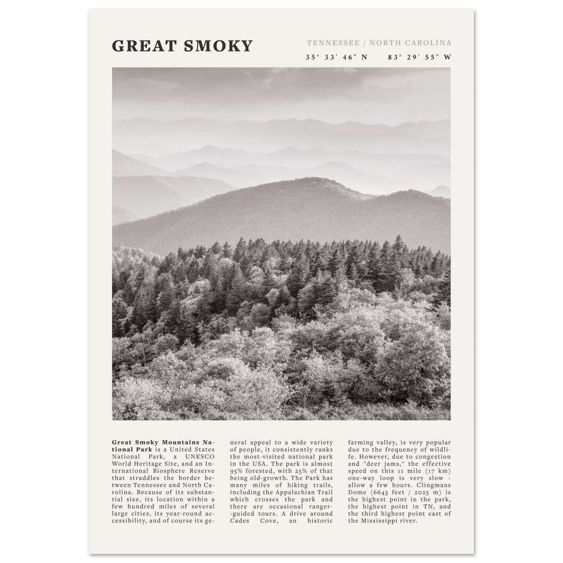 Great Smoky Mountains Poster | Black & White National Park Wall Art | Tennessee Print - Evergreen Posters