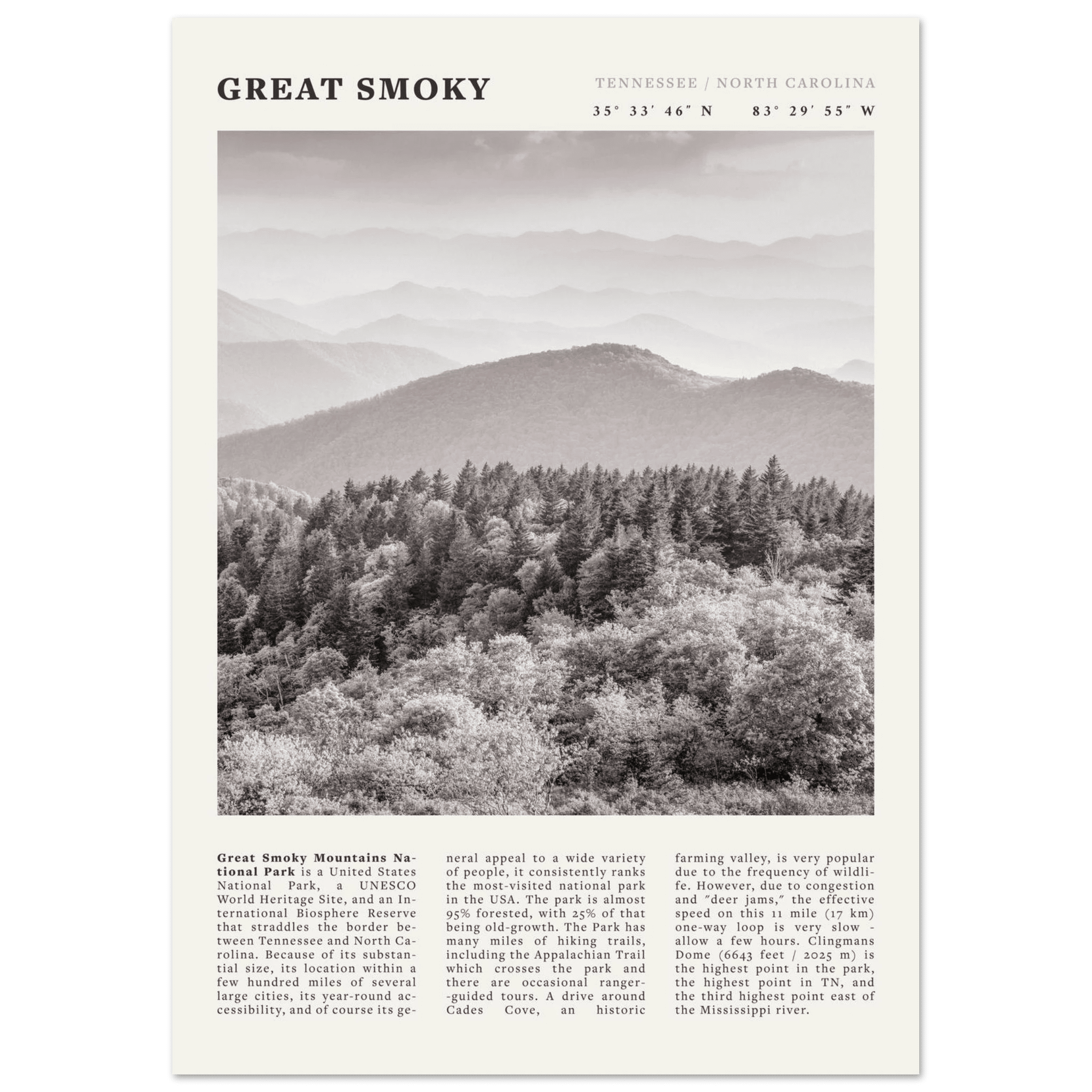 Great Smoky Mountains Poster | Black & White National Park Wall Art | Tennessee Print - Evergreen Posters