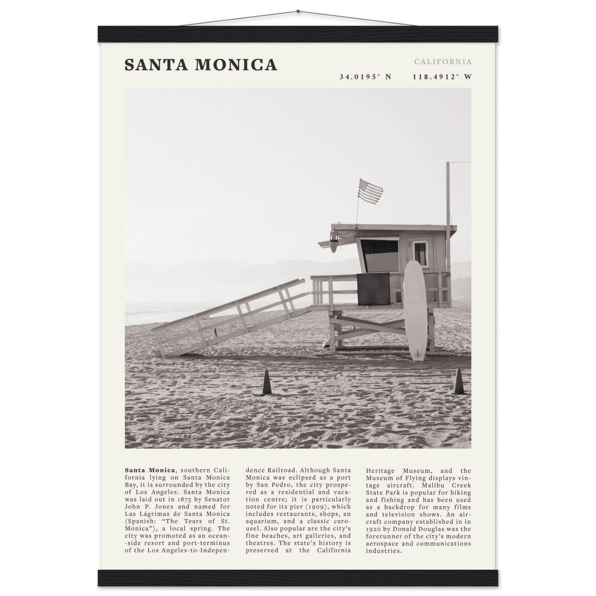 Santa Monica Poster | Black & White California Wall Art | Beach Travel Print | Coastal Decor - Evergreen Posters