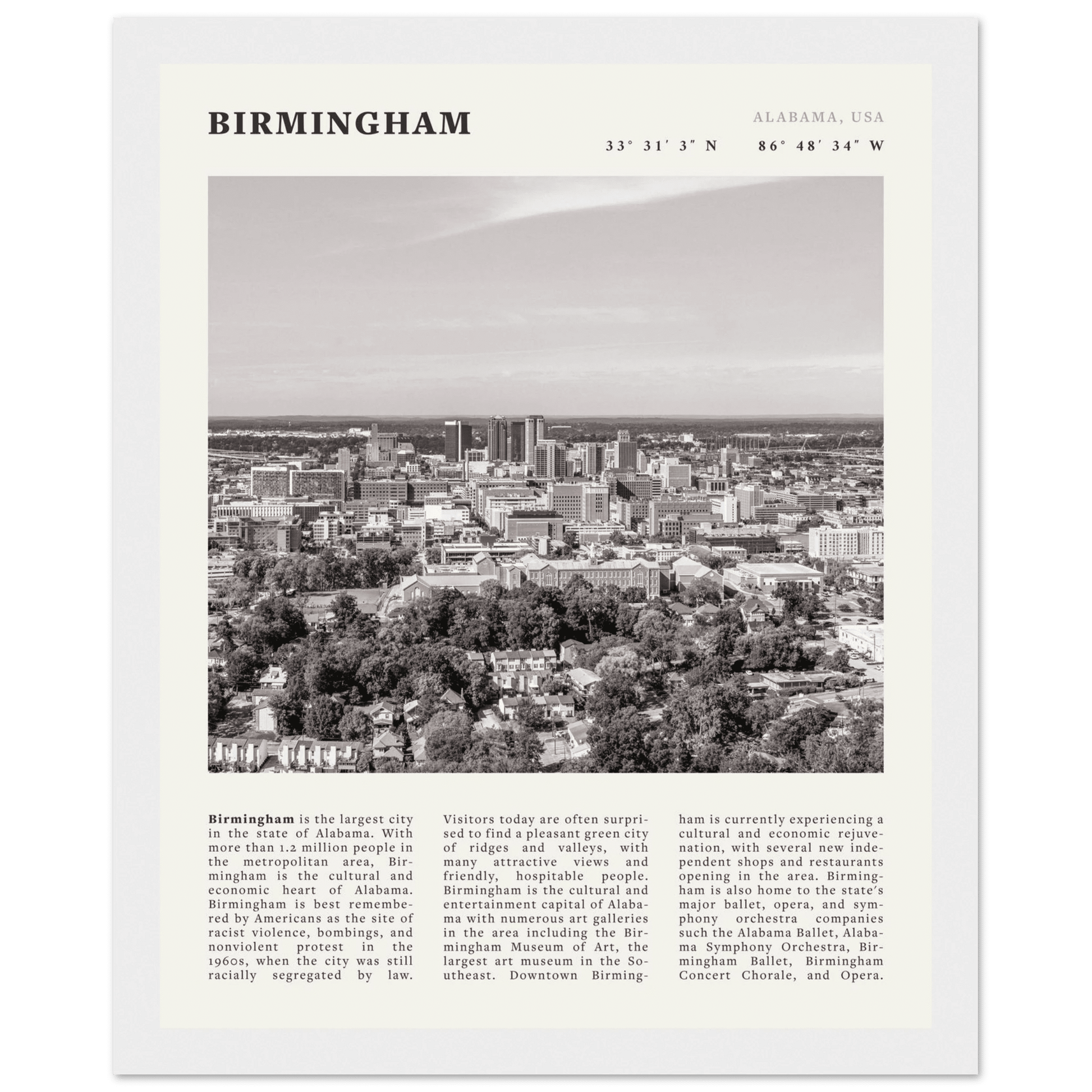 Birmingham Poster | Black & White Alabama Skyline Wall Art | AL Travel Print - Evergreen Posters