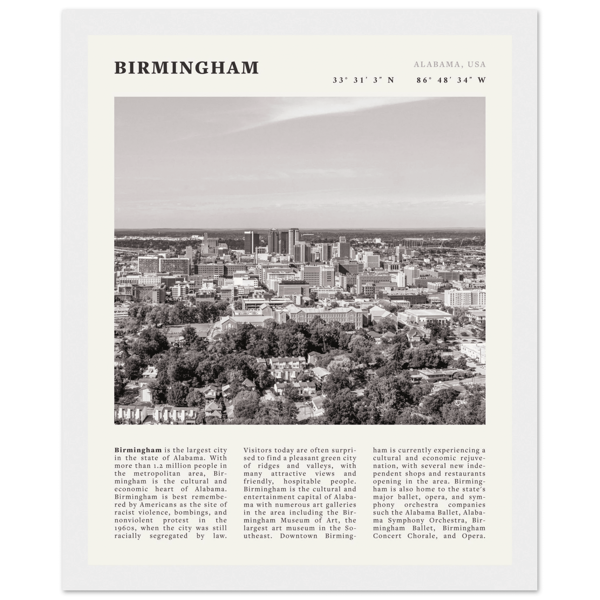 Birmingham Poster | Black & White Alabama Skyline Wall Art | AL Travel Print - Evergreen Posters