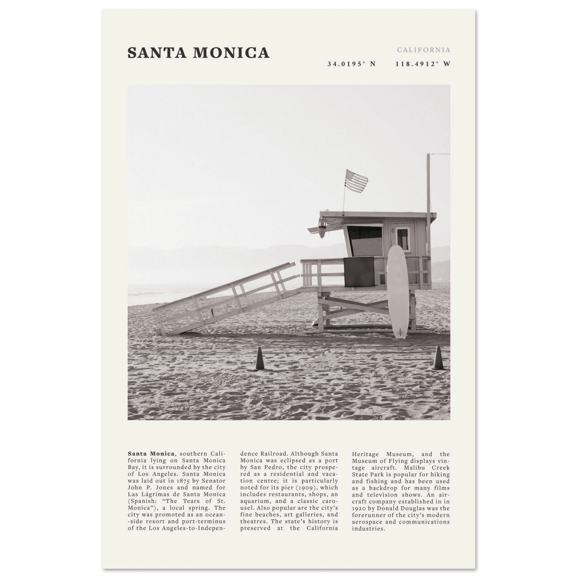 Santa Monica Poster | Black & White California Wall Art | Beach Travel Print | Coastal Decor - Evergreen Posters