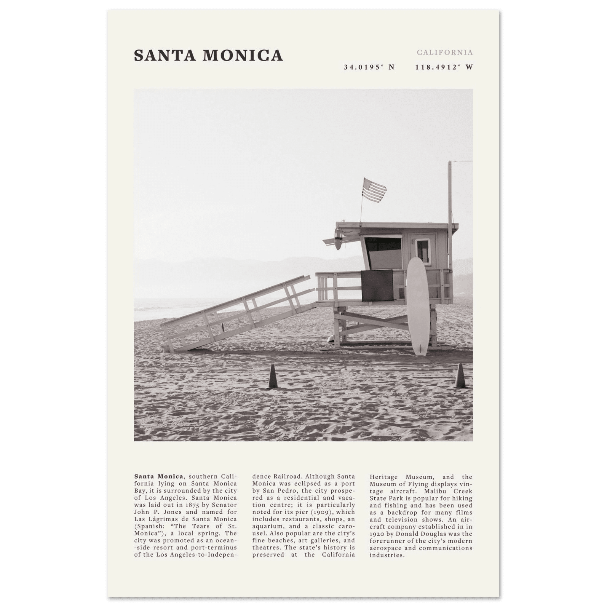 Santa Monica Poster | Black & White California Wall Art | Beach Travel Print | Coastal Decor - Evergreen Posters