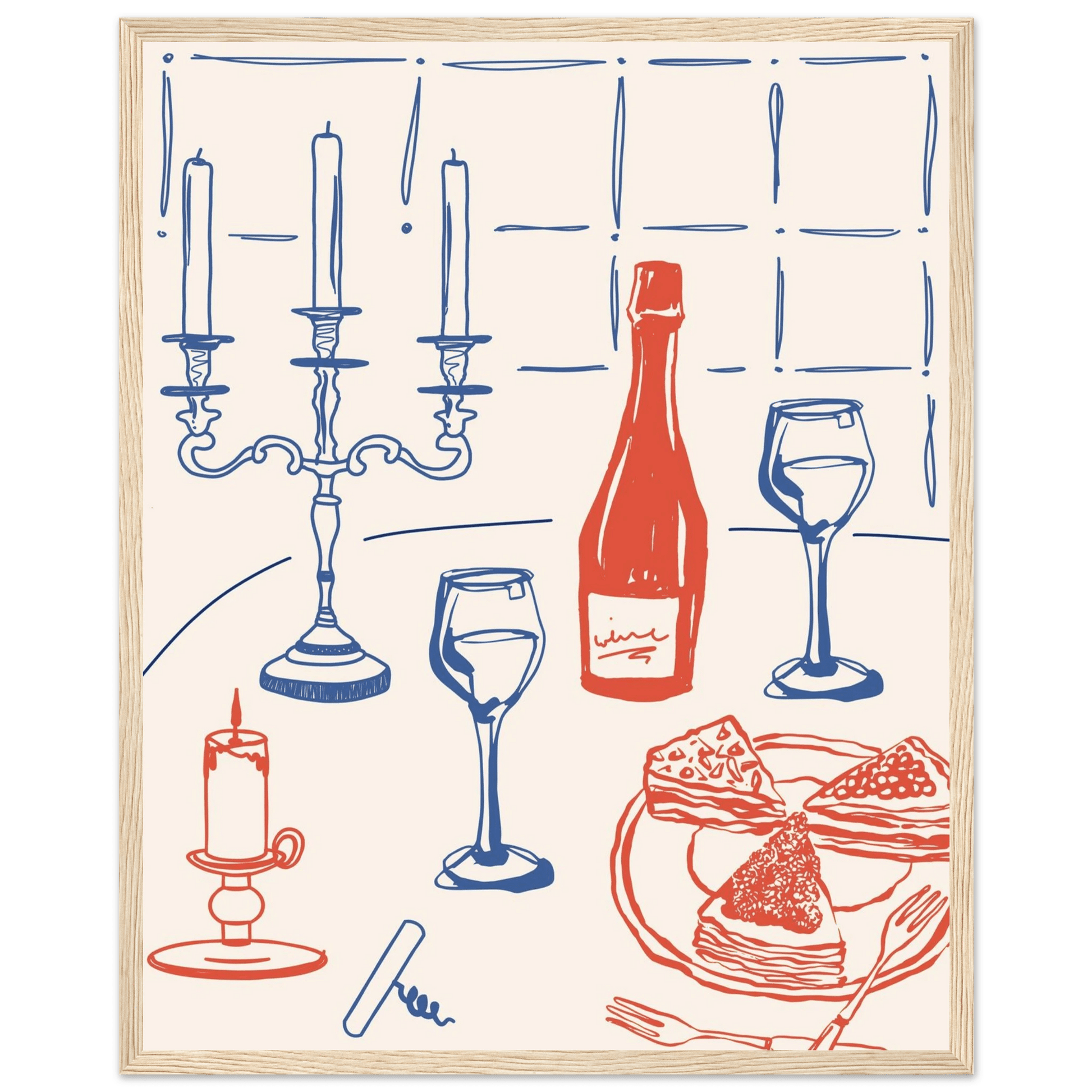 Candlelight Dinner Print | Wine & Candelabra Line Art Wall Art | Kitchen Poster - Evergreen Posters