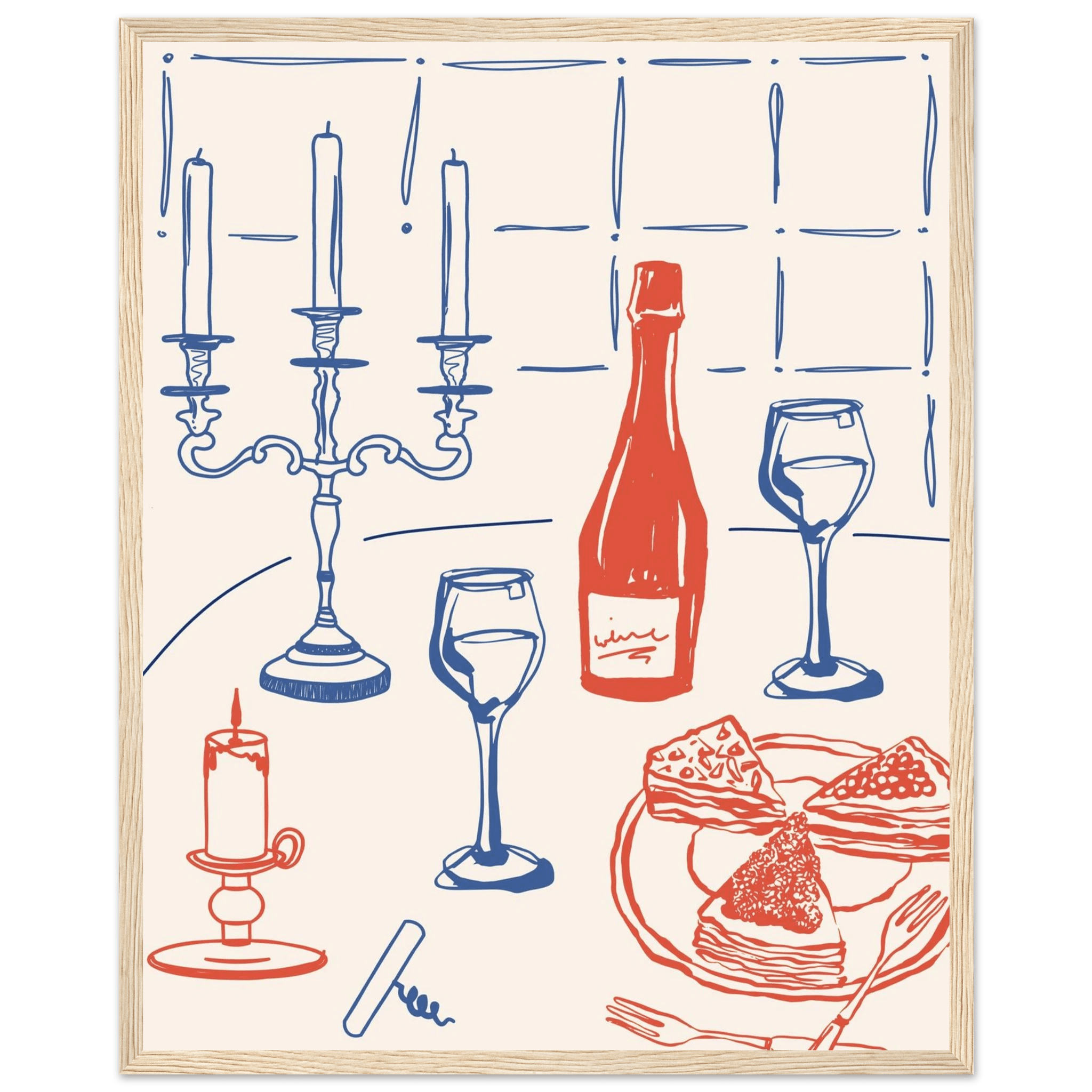 Candlelight Dinner Print | Wine & Candelabra Line Art Wall Art | Kitchen Poster - Evergreen Posters