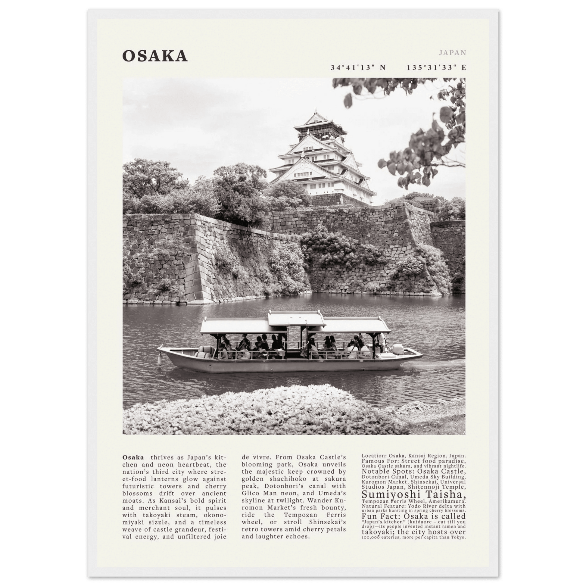 Osaka Poster Black and White – Vintage Osaka Castle Cherry Blossom Print (Digital & Printed Options) - Evergreen Posters