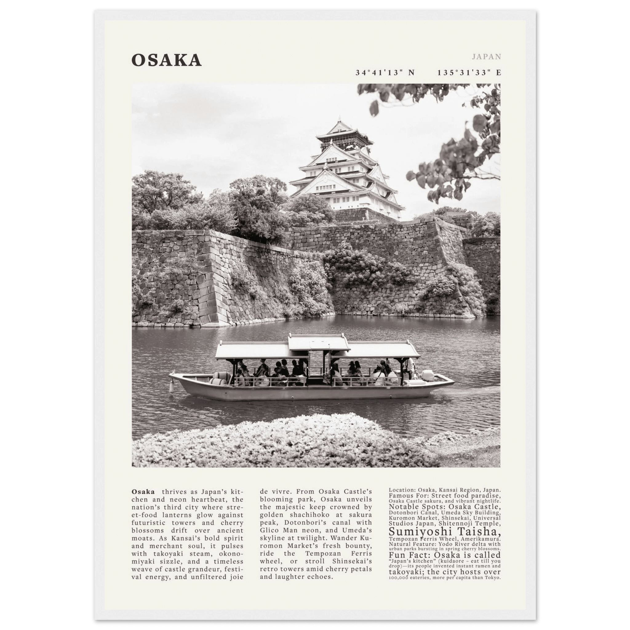 Osaka Poster Black and White – Vintage Osaka Castle Cherry Blossom Print (Digital & Printed Options) - Evergreen Posters