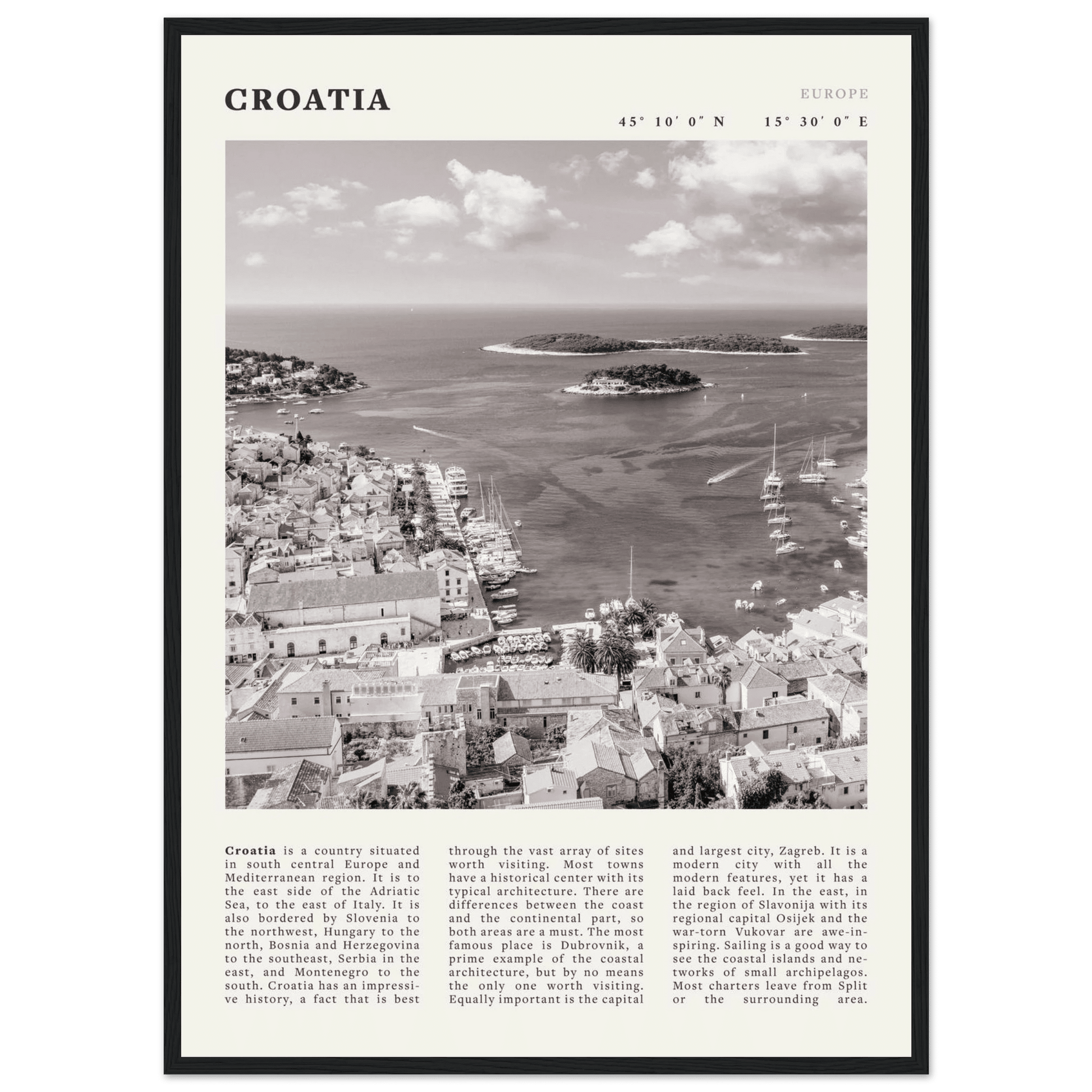 Croatia Poster | Black & White Hvar Island Wall Art | Adriatic Travel Print Decor - Evergreen Posters