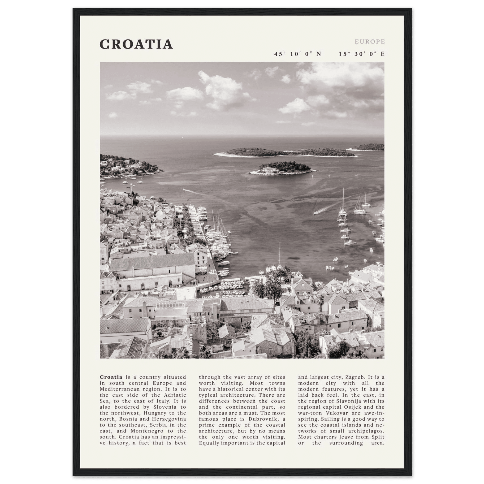 Croatia Poster | Black & White Hvar Island Wall Art | Adriatic Travel Print Decor - Evergreen Posters