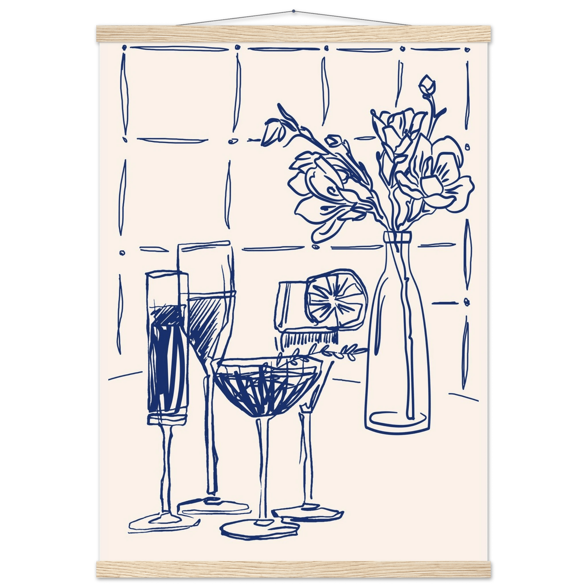 Cocktails & Flowers Print | Navy Blue Line Art Drinks Wall Art | Kitchen Bar Poster - Evergreen Posters