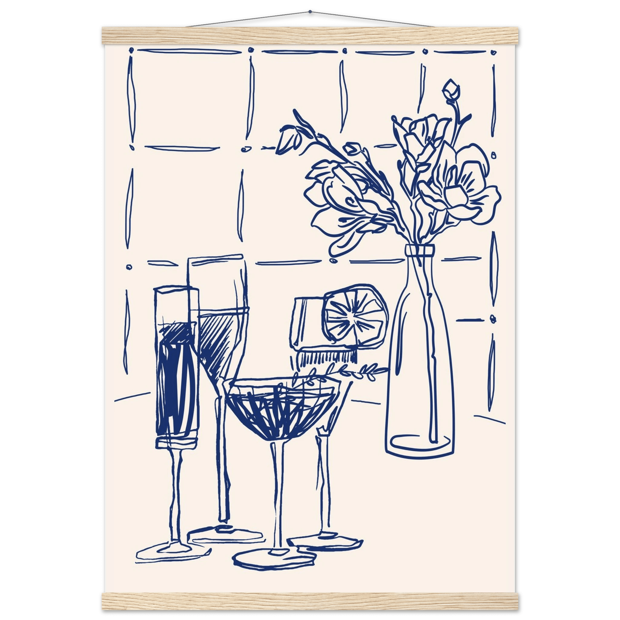 Cocktails & Flowers Print | Navy Blue Line Art Drinks Wall Art | Kitchen Bar Poster - Evergreen Posters