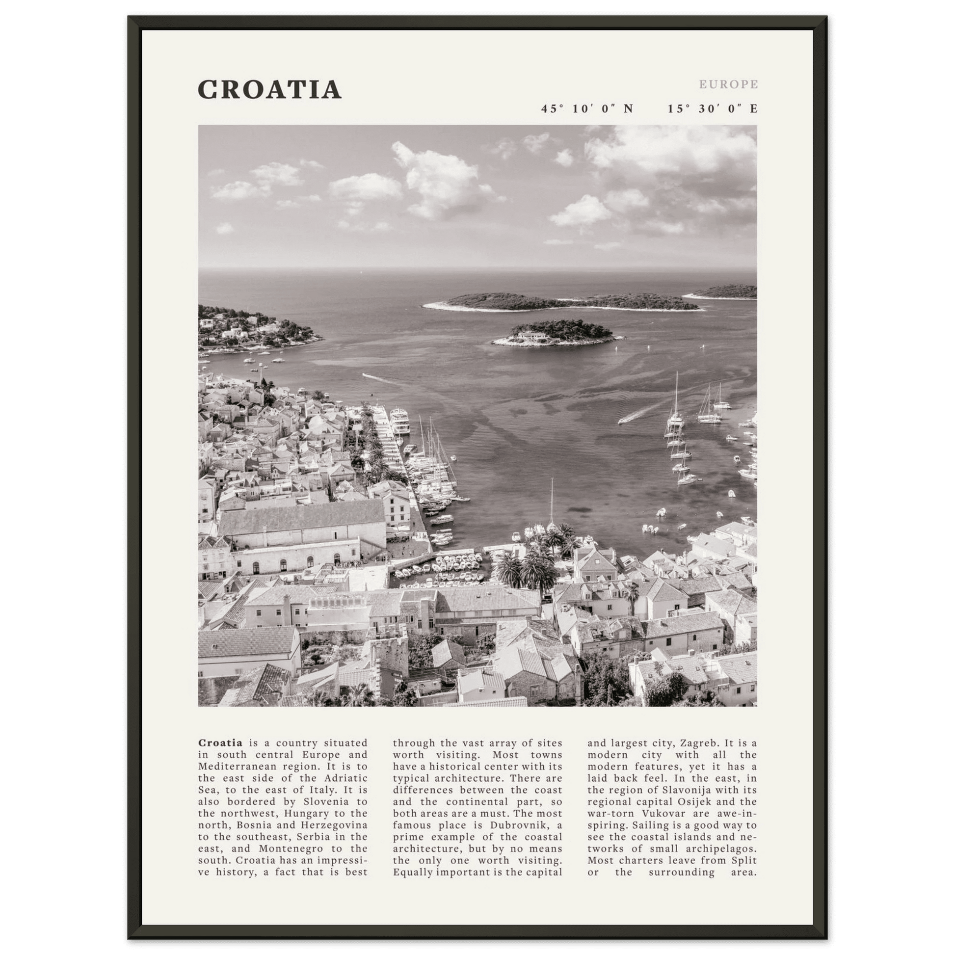 Croatia Poster | Black & White Hvar Island Wall Art | Adriatic Travel Print Decor - Evergreen Posters