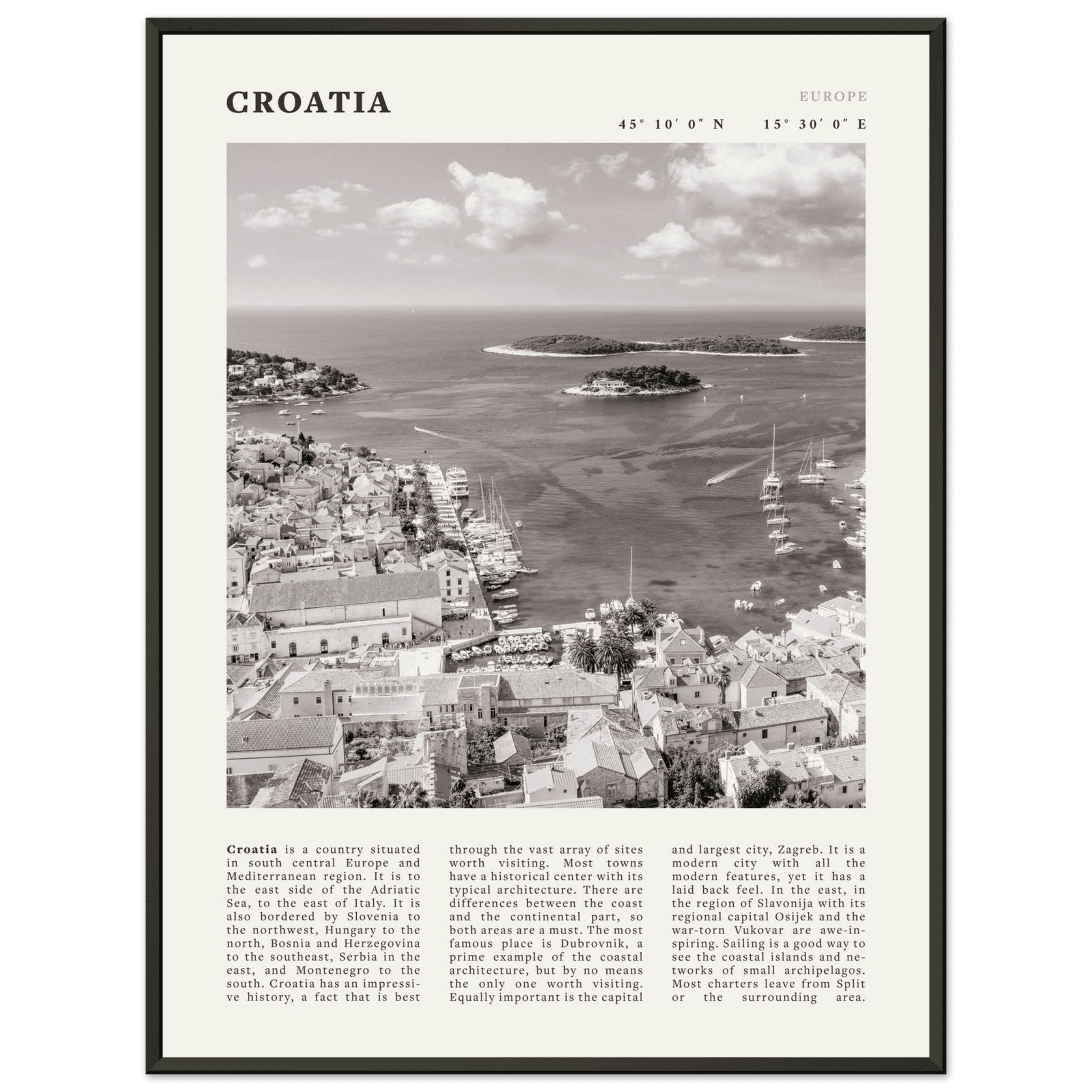 Croatia Poster | Black & White Hvar Island Wall Art | Adriatic Travel Print Decor - Evergreen Posters