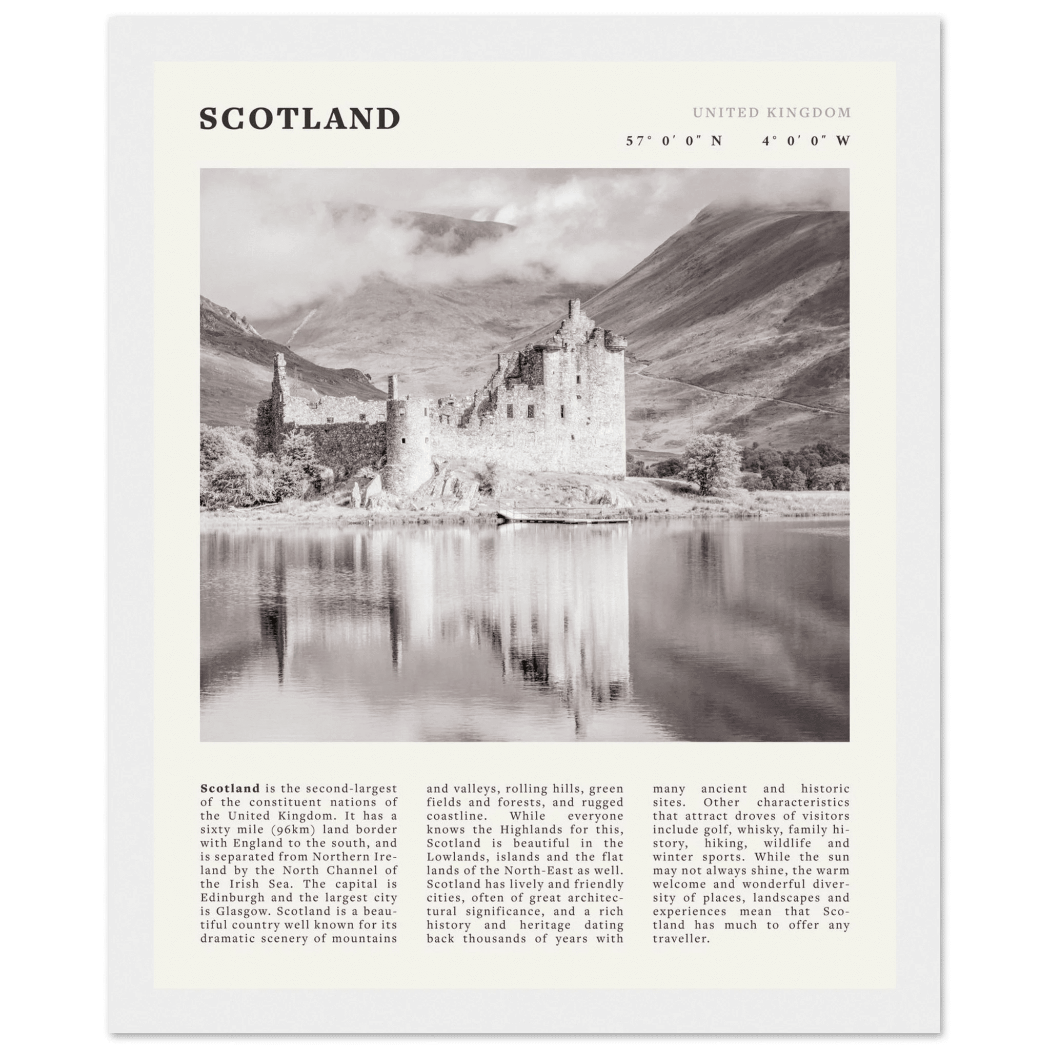 Scotland Poster | Black & White Highland Castle Wall Art | UK Travel Print Decor - Evergreen Posters