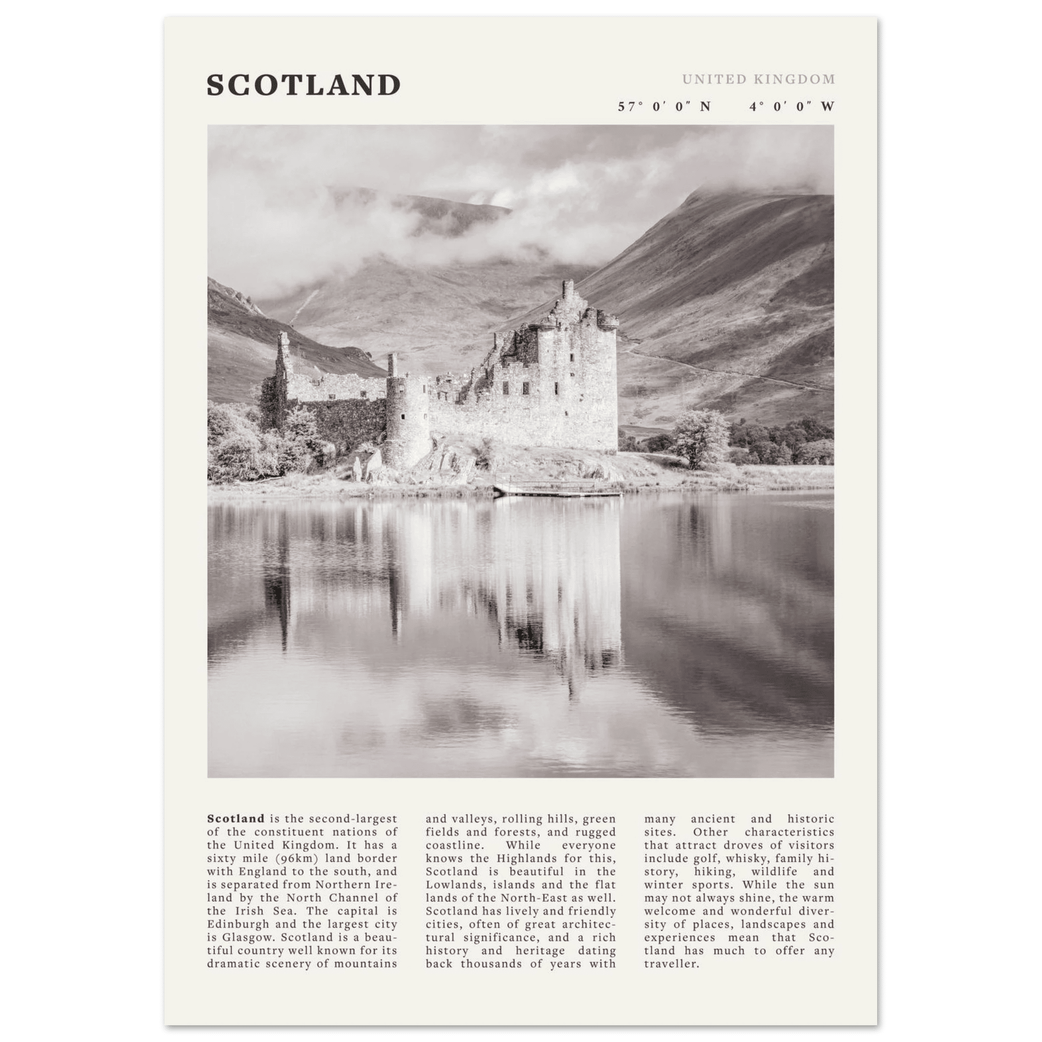 Scotland Poster | Black & White Highland Castle Wall Art | UK Travel Print Decor - Evergreen Posters