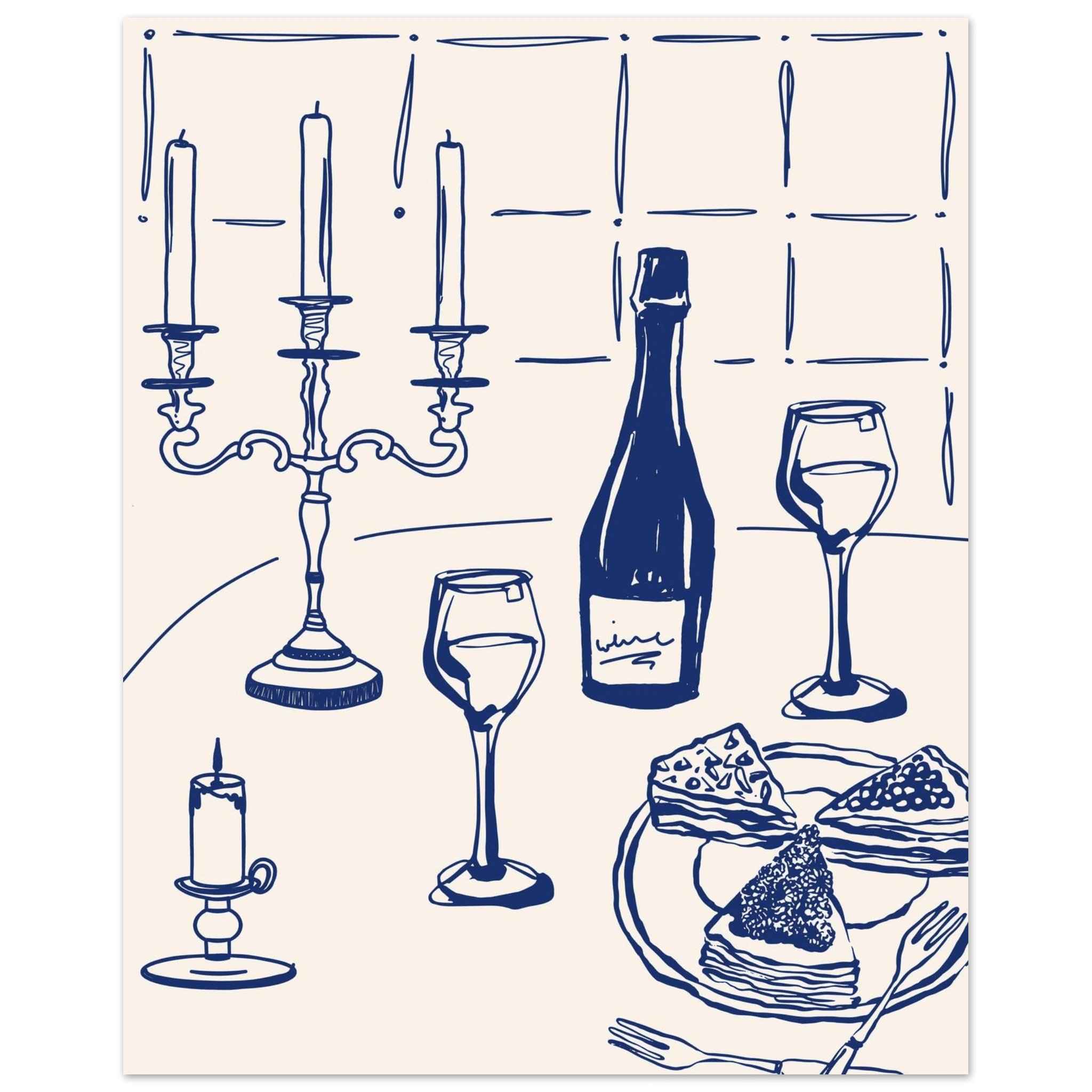Candlelight Dinner Print | Navy Blue Wine & Candelabra Line Art | Kitchen Poster - Evergreen Posters