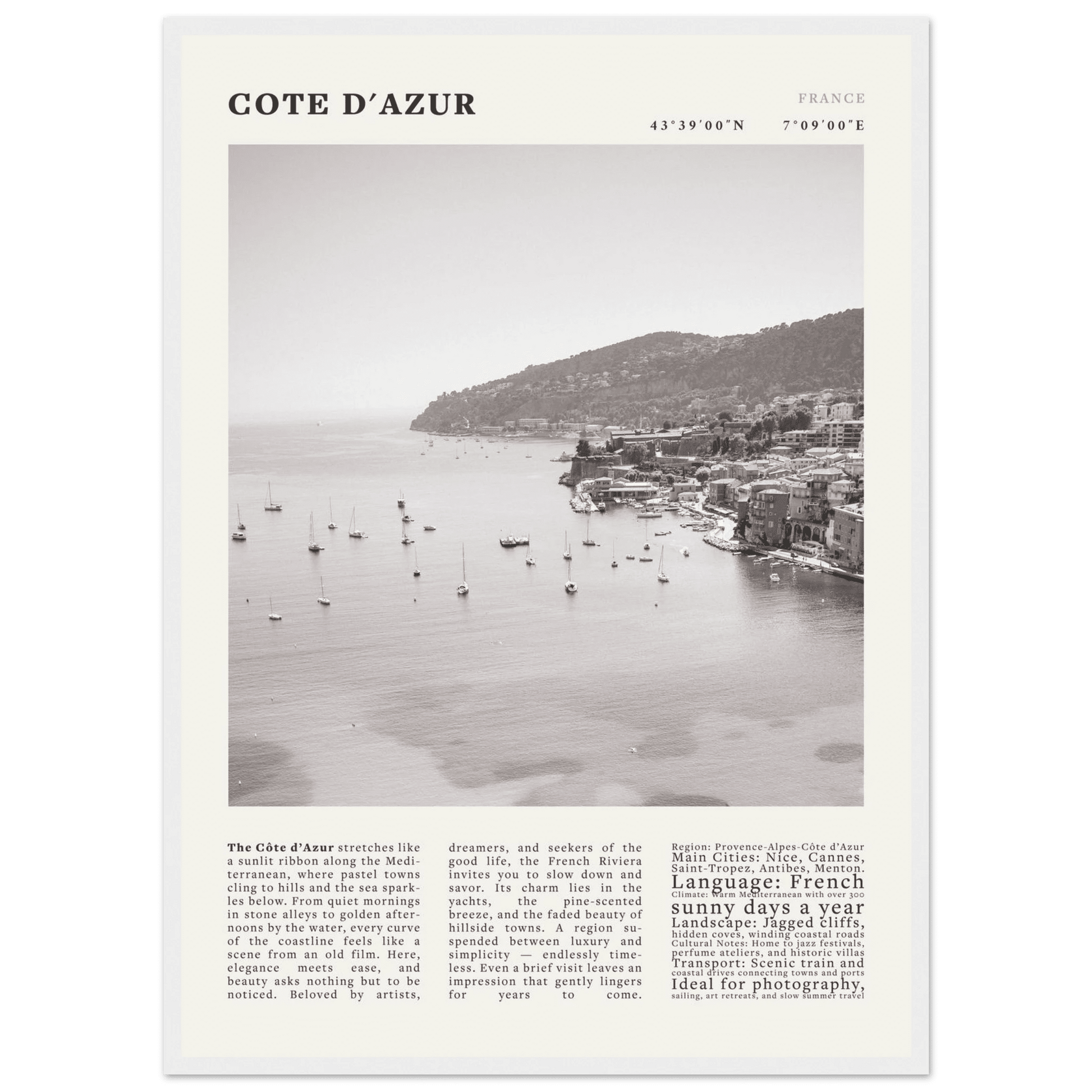 Côte d'Azur Poster Black and White – Vintage French Riviera Coast Print (Digital & Printed Options) - Evergreen Posters