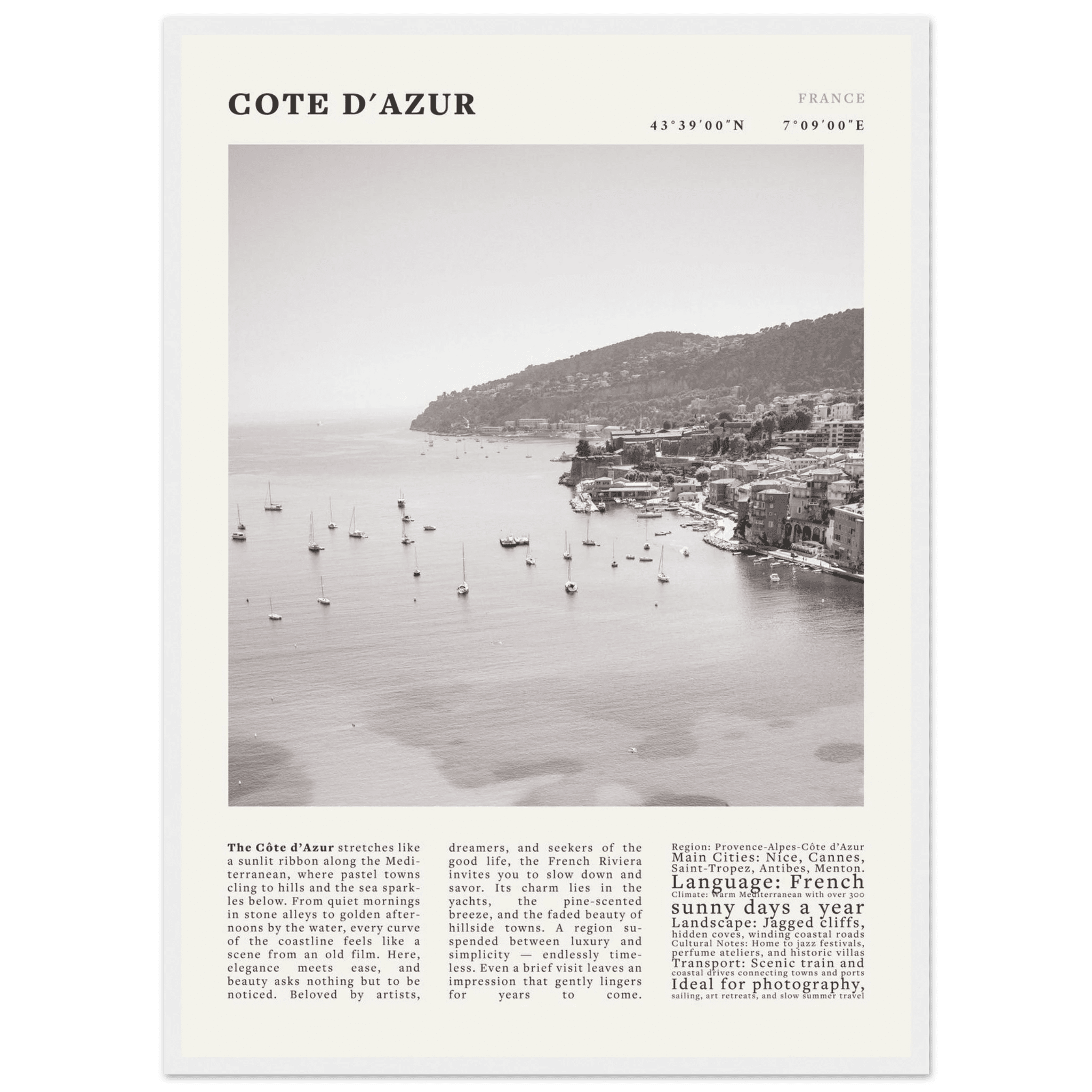Côte d'Azur Poster Black and White – Vintage French Riviera Coast Print (Digital & Printed Options) - Evergreen Posters