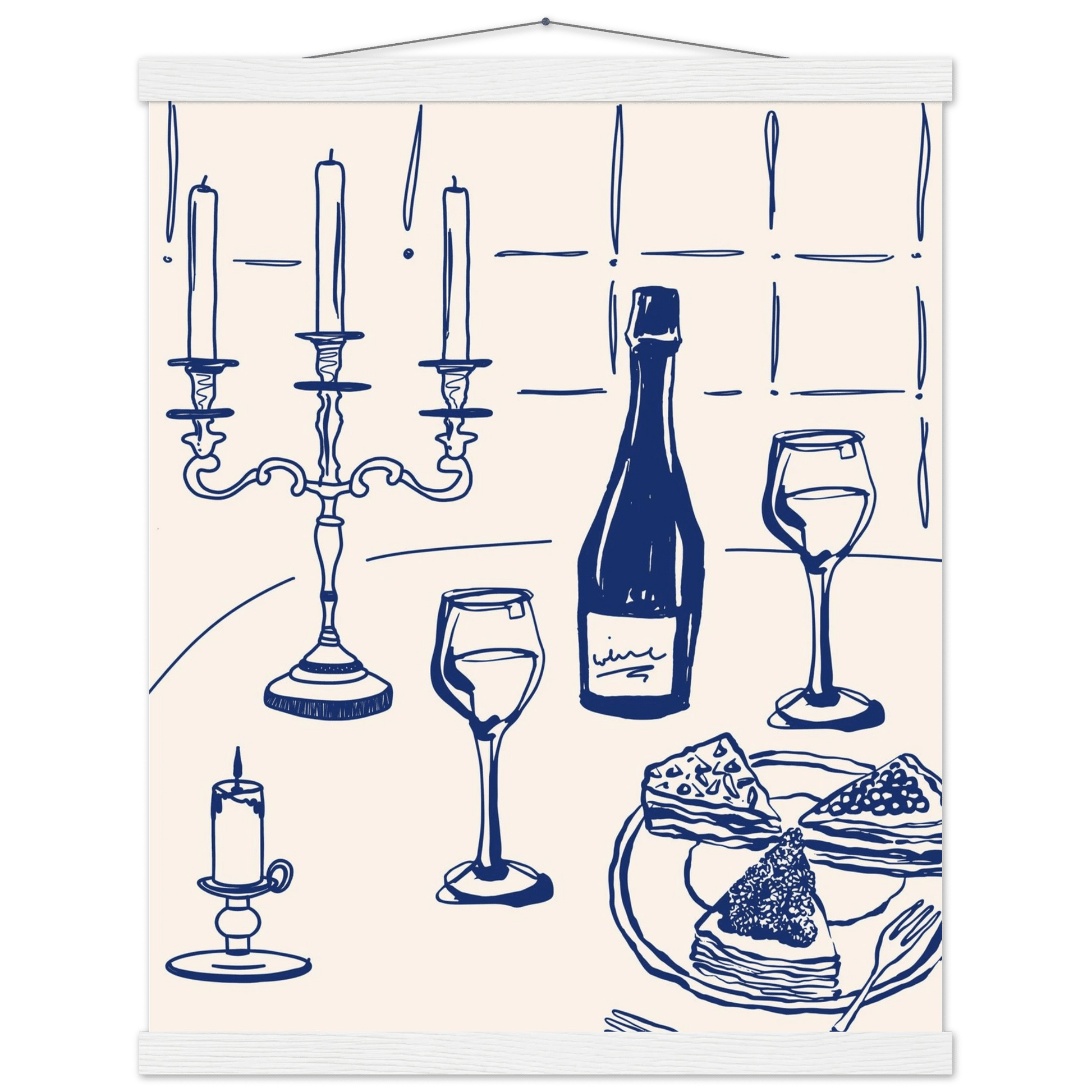 Candlelight Dinner Print | Navy Blue Wine & Candelabra Line Art | Kitchen Poster - Evergreen Posters