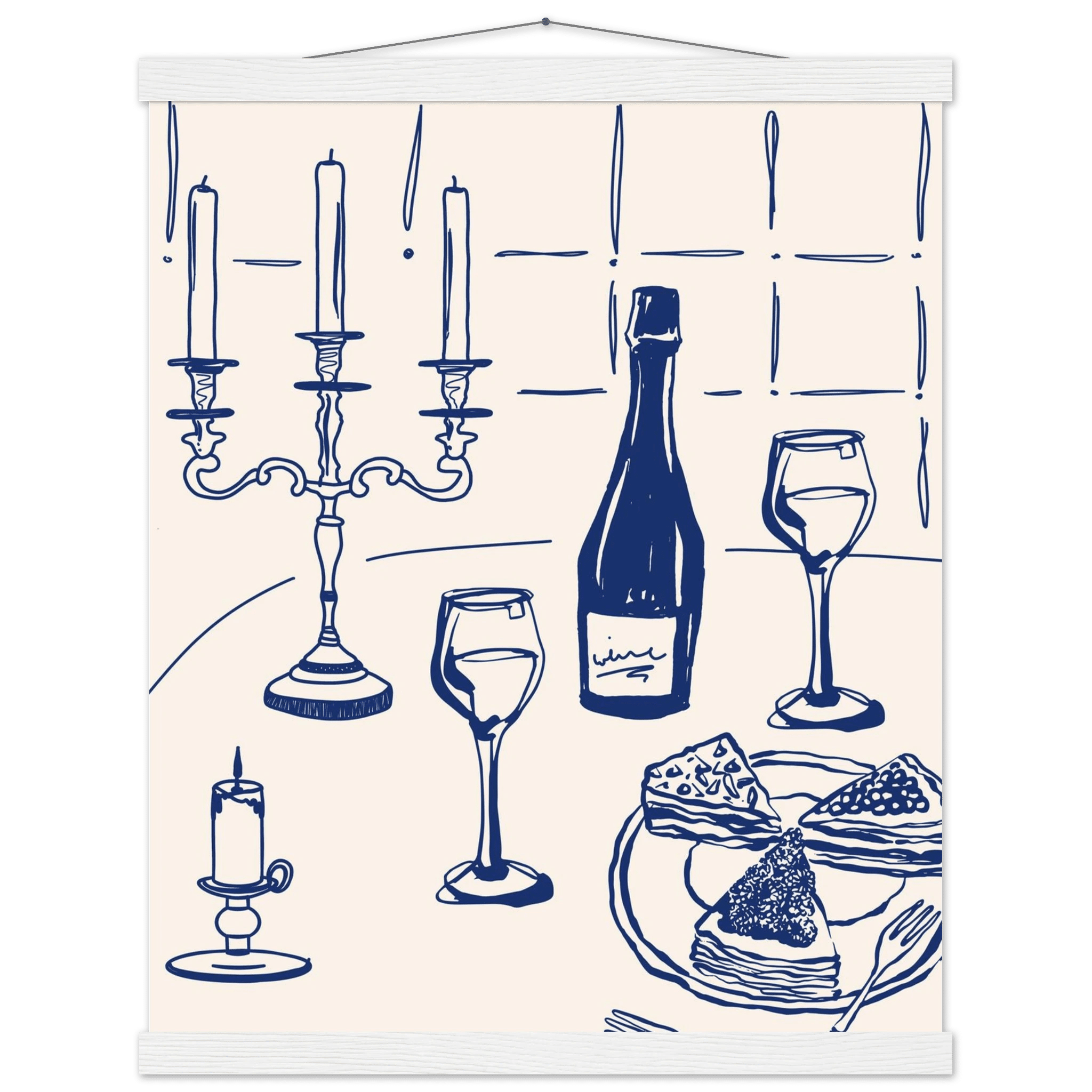 Candlelight Dinner Print | Navy Blue Wine & Candelabra Line Art | Kitchen Poster - Evergreen Posters
