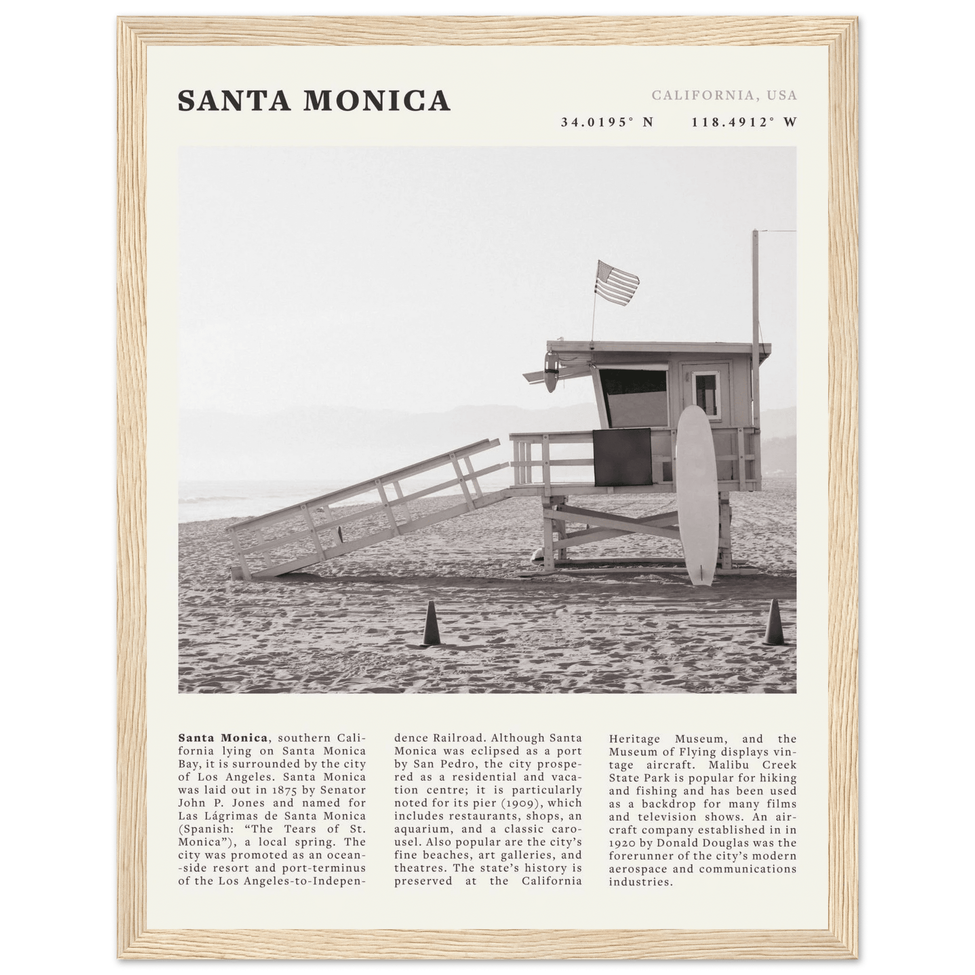 Santa Monica Poster | Black & White California Wall Art | Beach Travel Print | Coastal Decor - Evergreen Posters