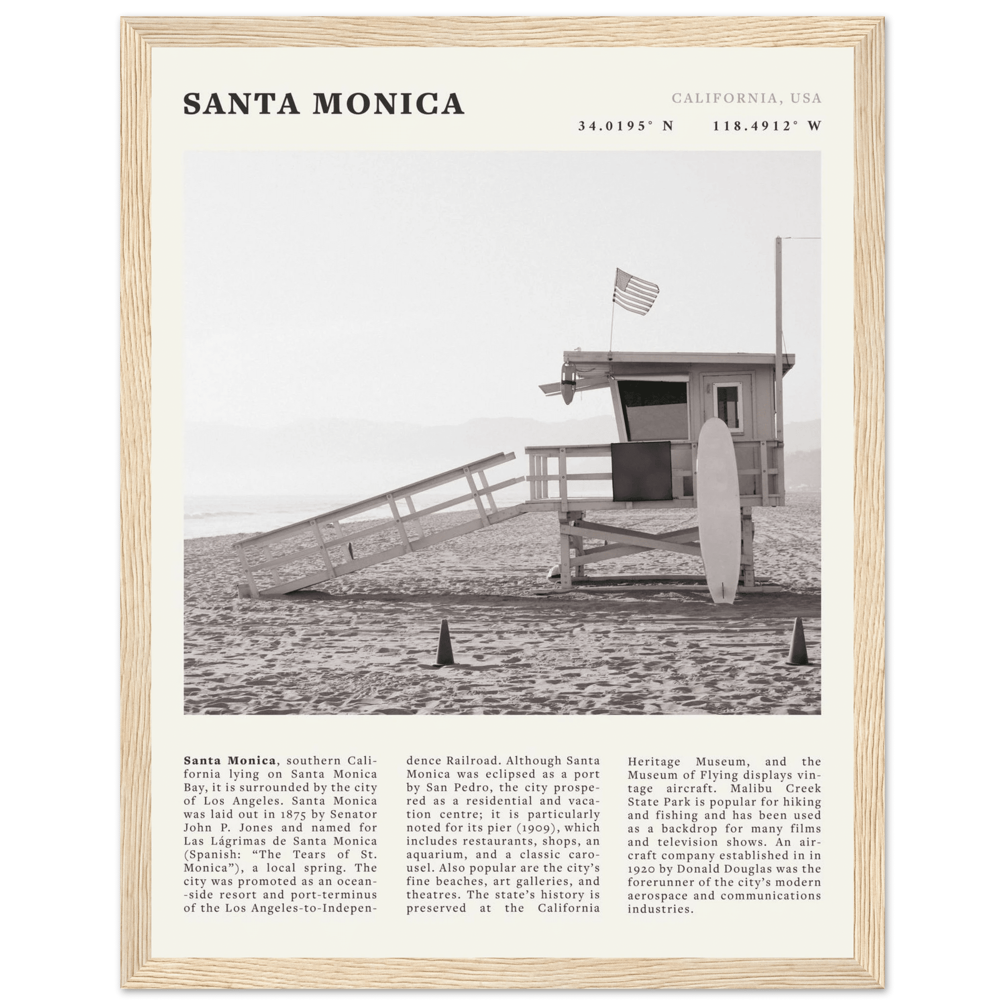 Santa Monica Poster | Black & White California Wall Art | Beach Travel Print | Coastal Decor - Evergreen Posters