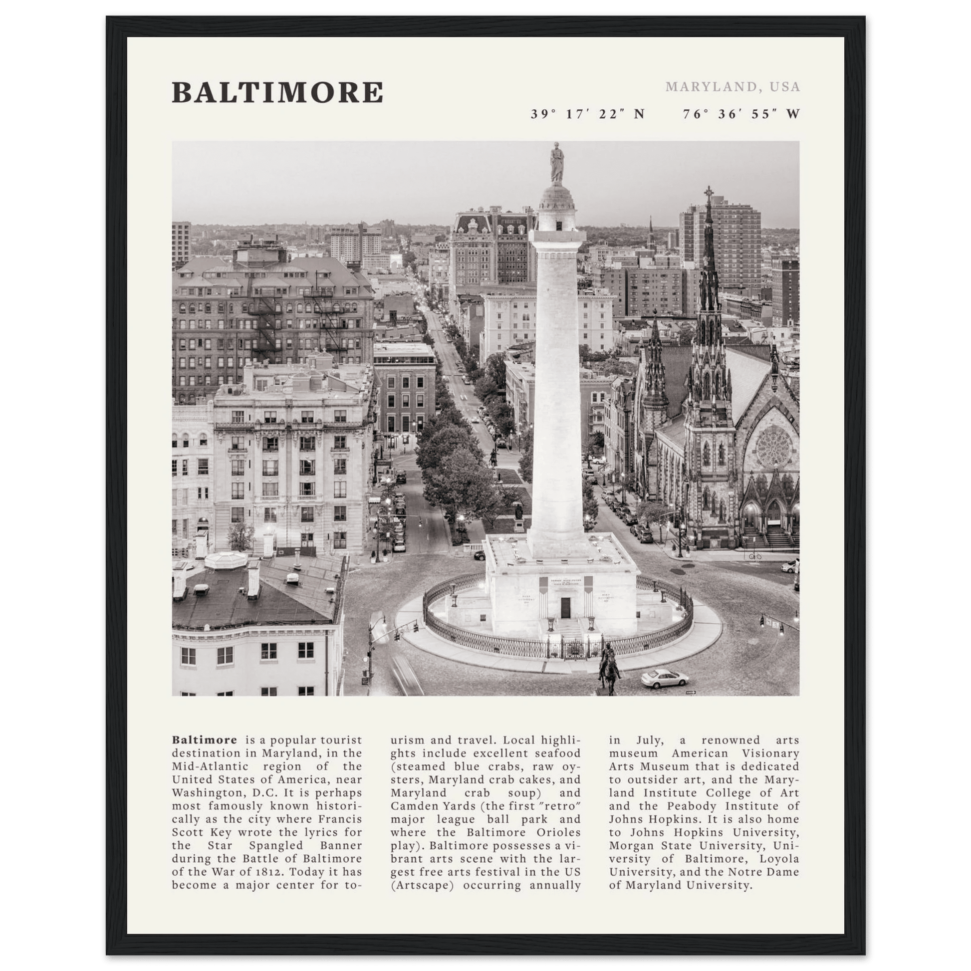 Baltimore Poster | Black & White Maryland City Wall Art | USA Travel Print - Evergreen Posters