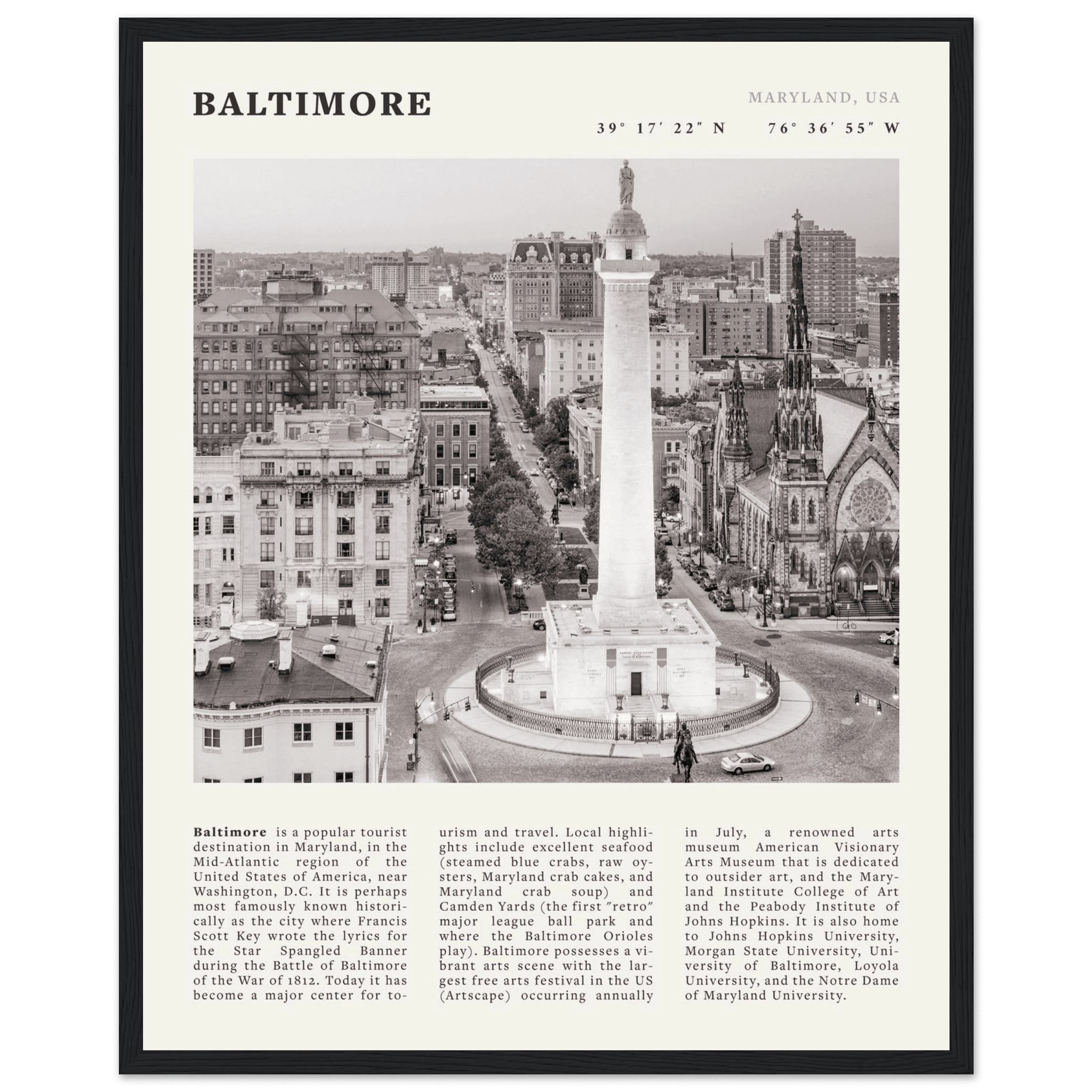 Baltimore Poster | Black & White Maryland City Wall Art | USA Travel Print - Evergreen Posters