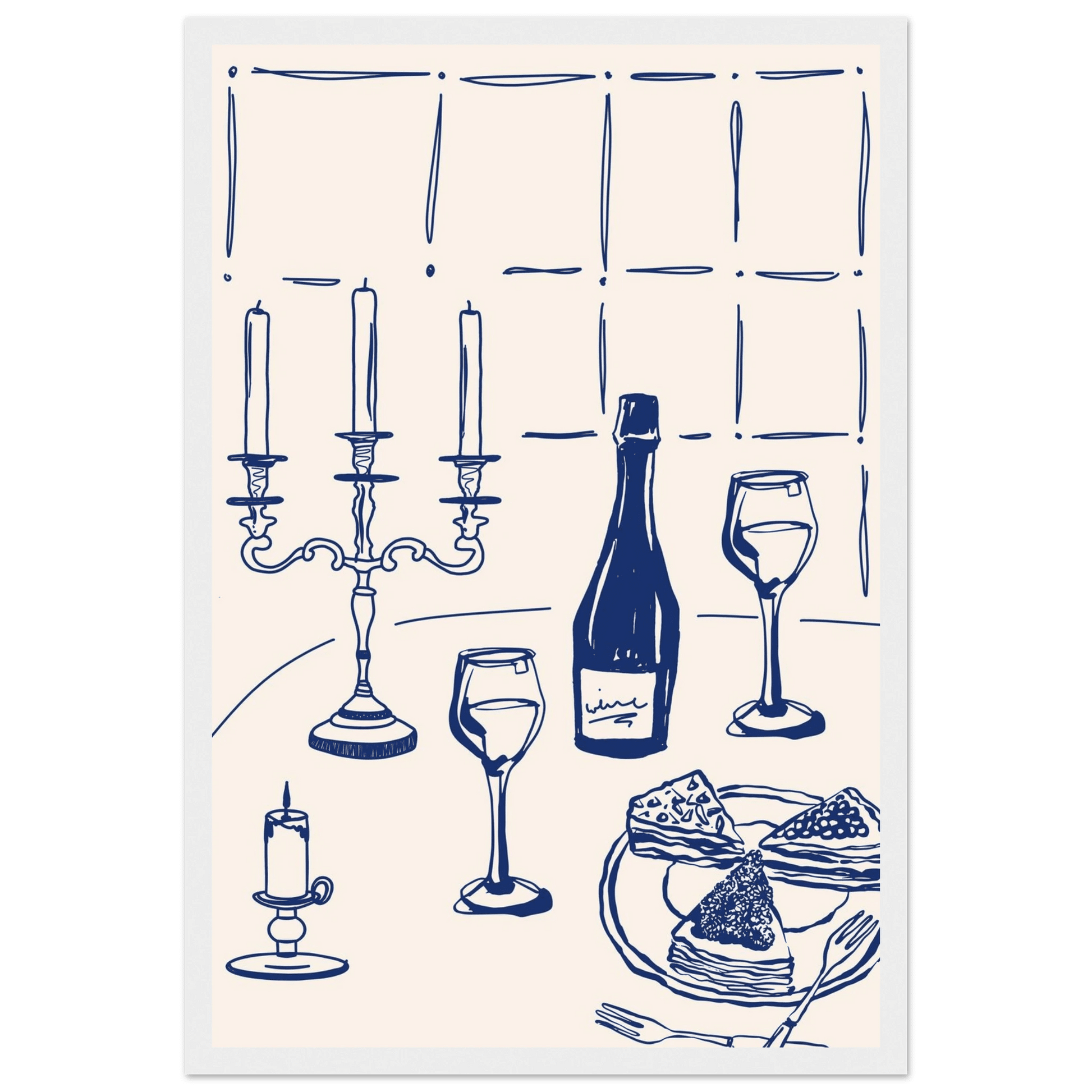 Candlelight Dinner Print | Navy Blue Wine & Candelabra Line Art | Kitchen Poster - Evergreen Posters