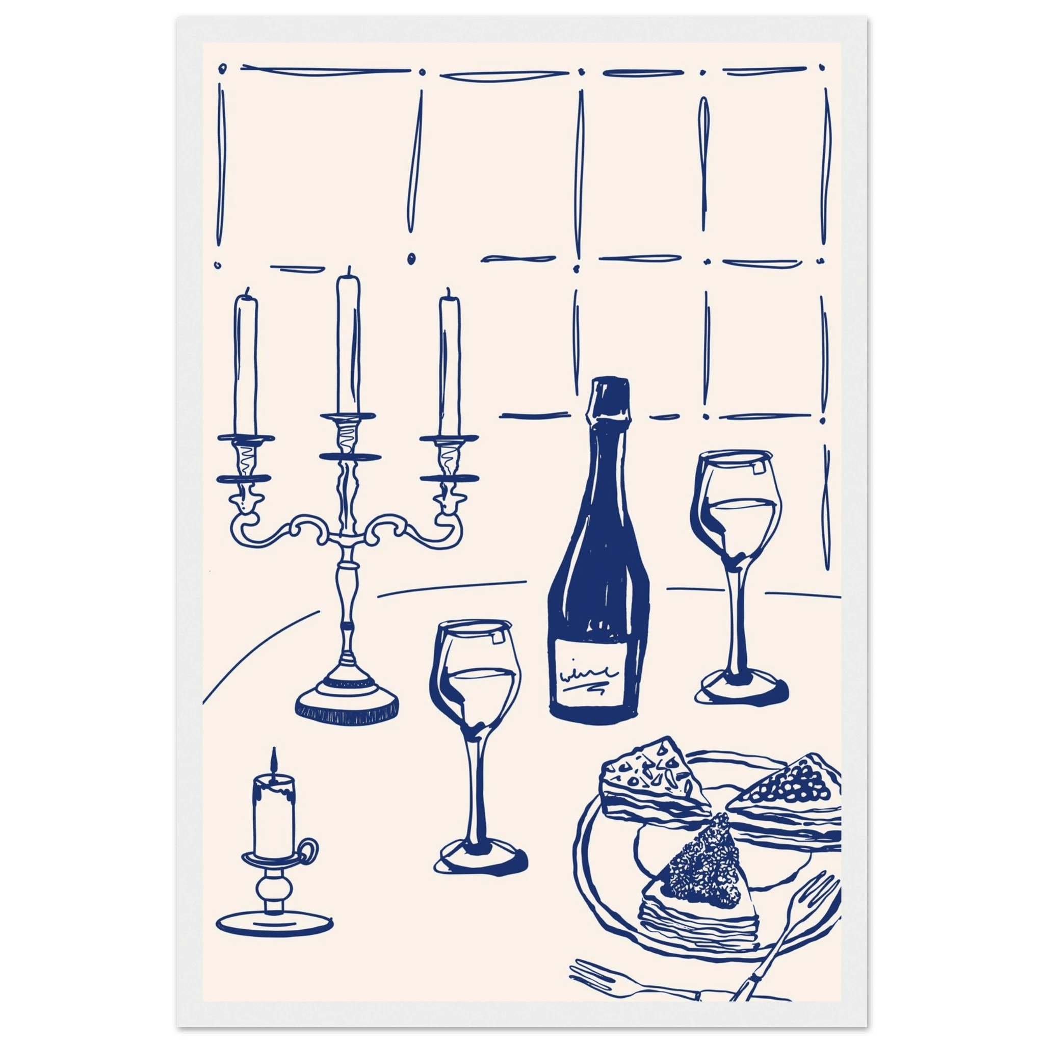 Candlelight Dinner Print | Navy Blue Wine & Candelabra Line Art | Kitchen Poster - Evergreen Posters