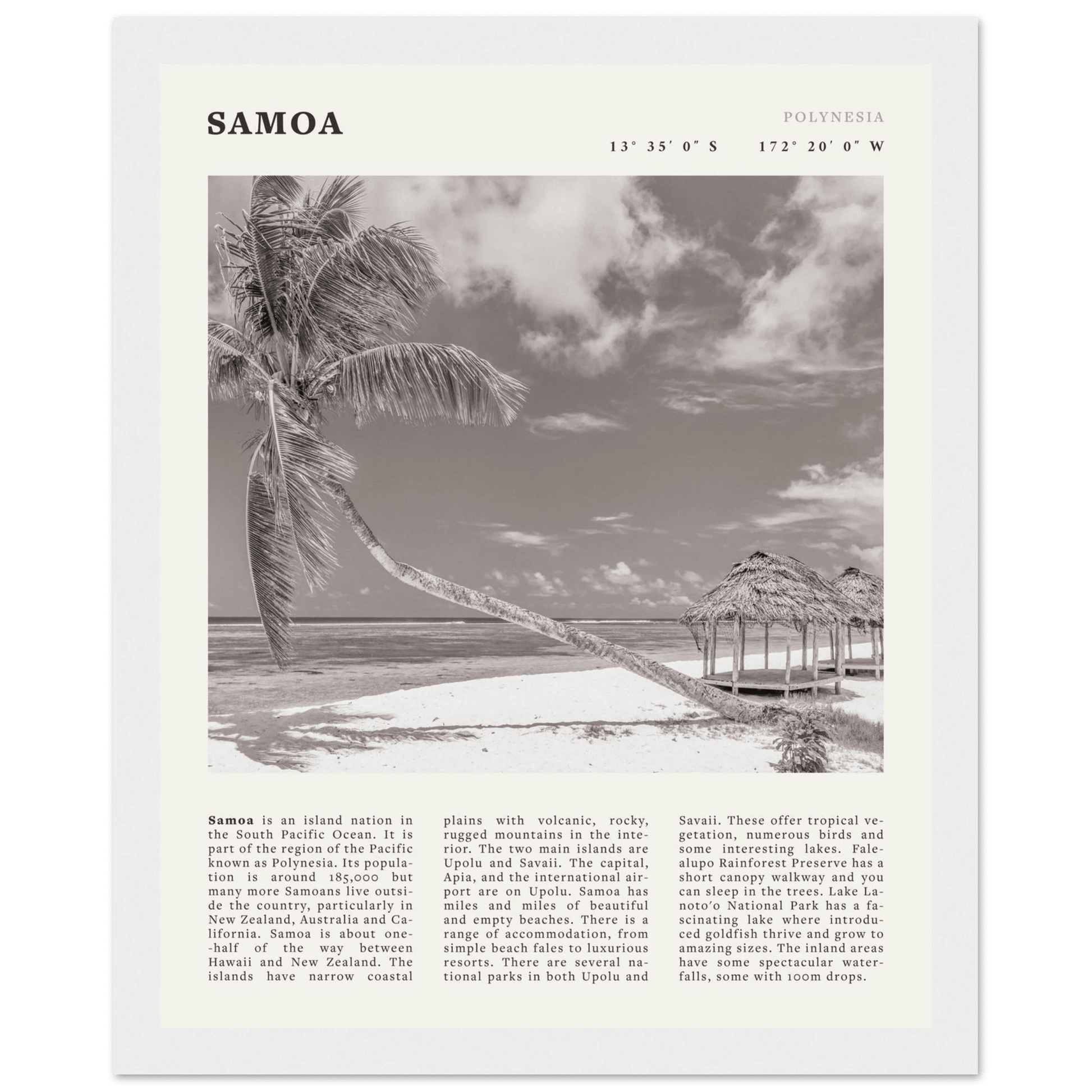 Samoa Poster | Black & White South Pacific Beach Wall Art | Polynesia Travel Print - Evergreen Posters