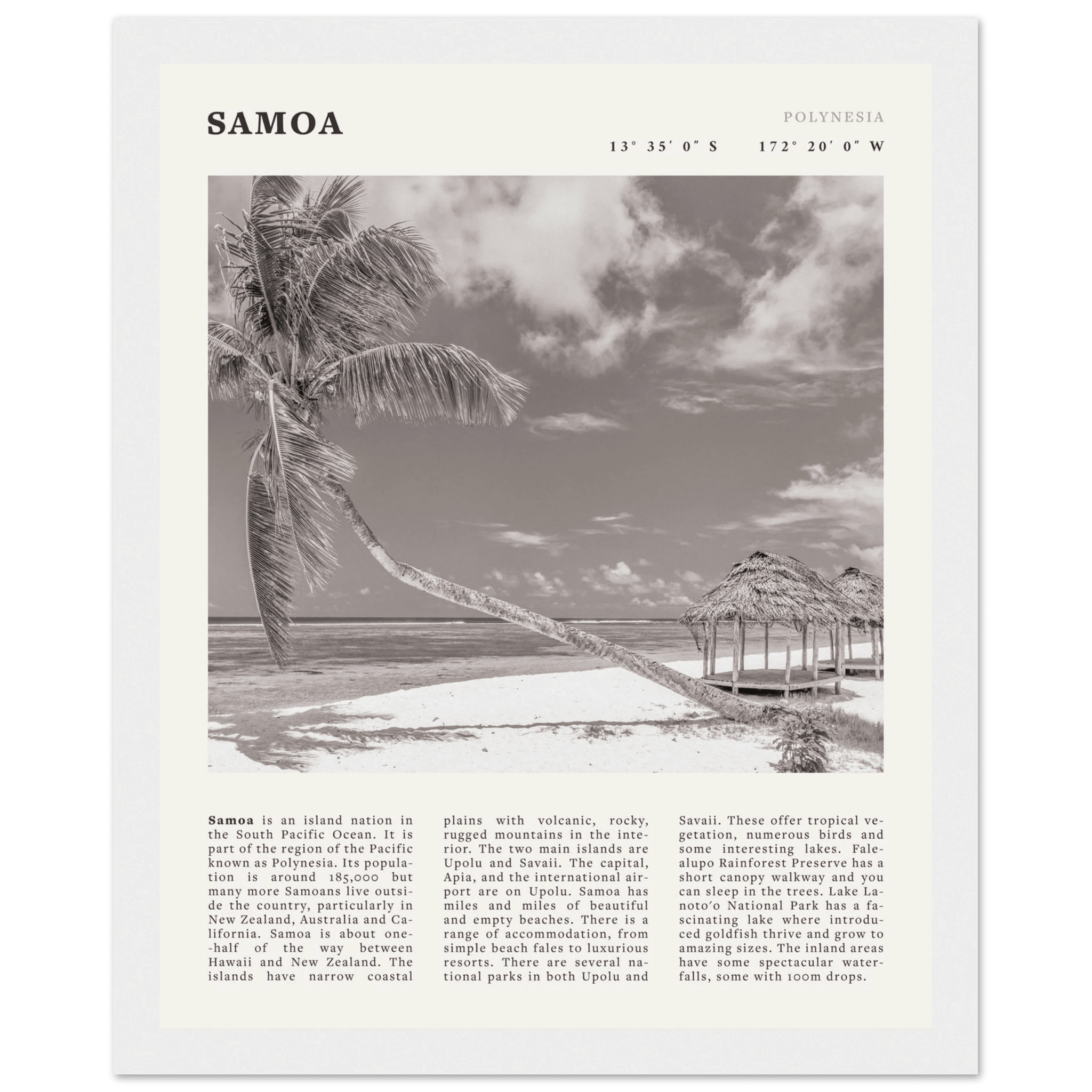 Samoa Poster | Black & White South Pacific Beach Wall Art | Polynesia Travel Print - Evergreen Posters