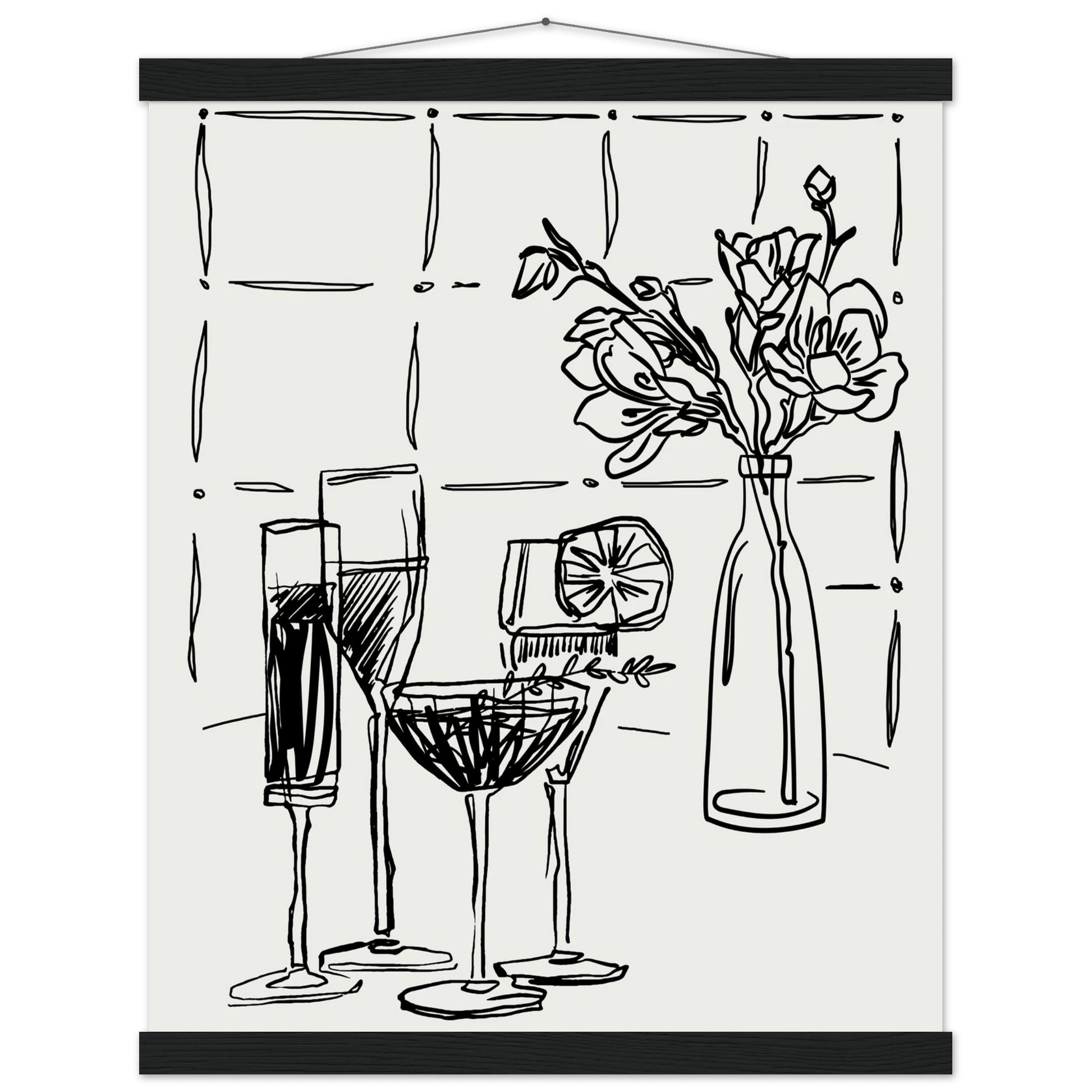 Cocktails & Flowers Print | Black Line Art Drinks Wall Art | Kitchen Bar Poster - Evergreen Posters