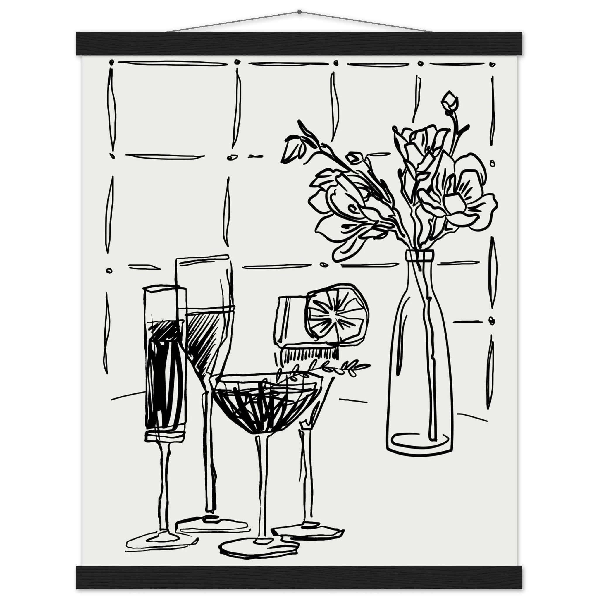 Cocktails & Flowers Print | Black Line Art Drinks Wall Art | Kitchen Bar Poster - Evergreen Posters